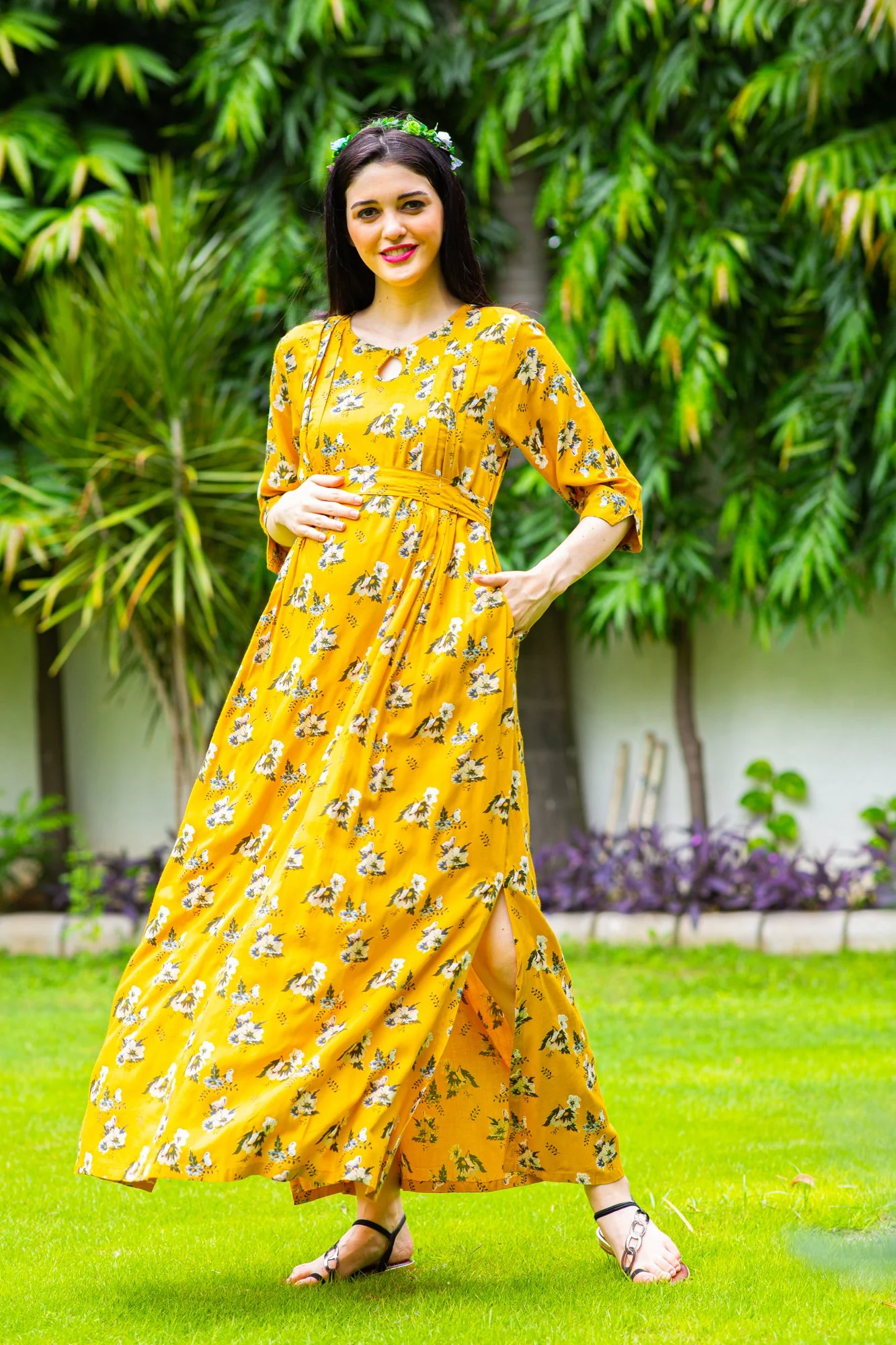 Marigold Pintucks Concealed Zips Maternity & Nursing Dress - Chenance