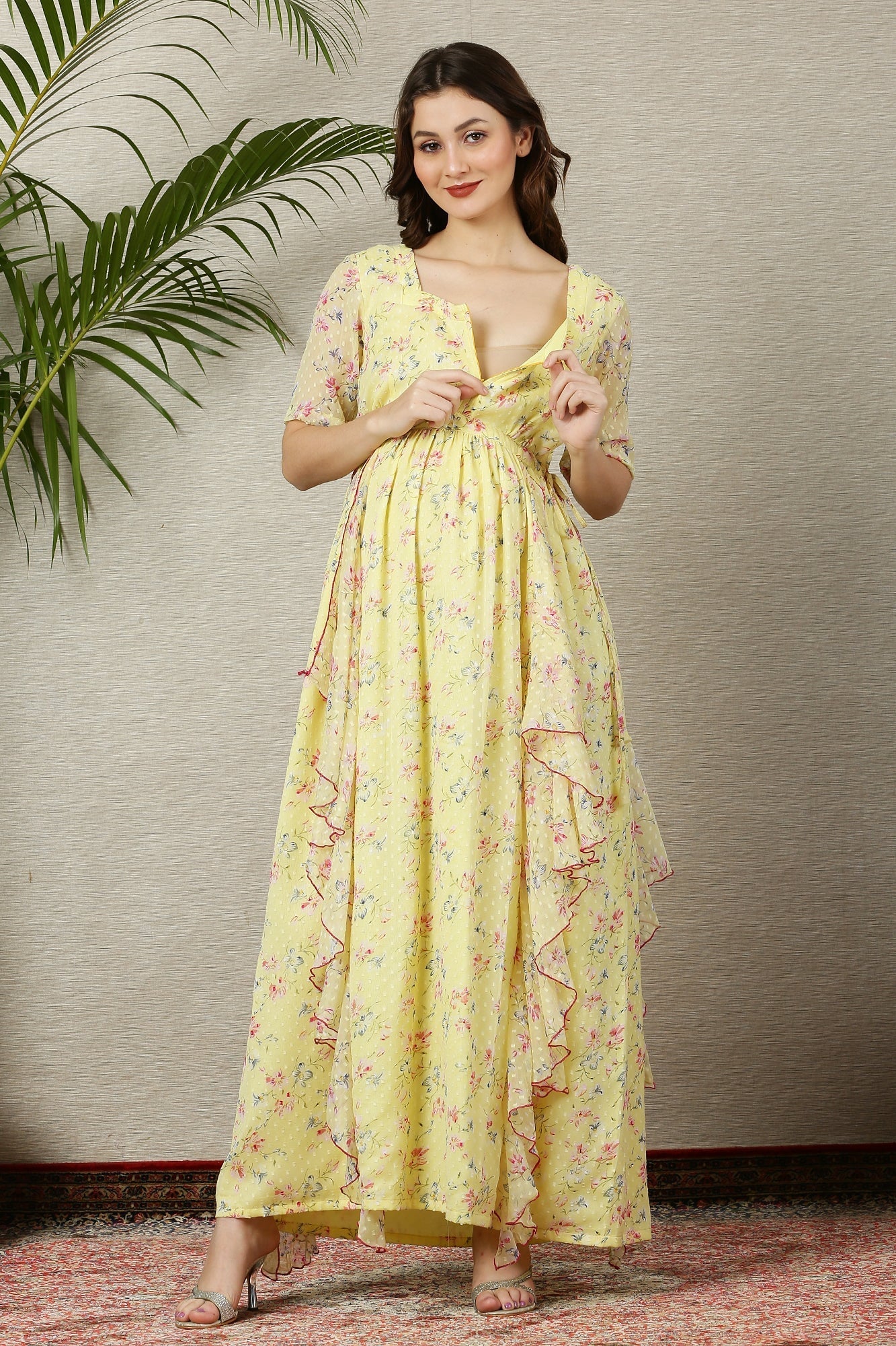 Calm Lemony Floral Maternity Flow Dress - Chenance