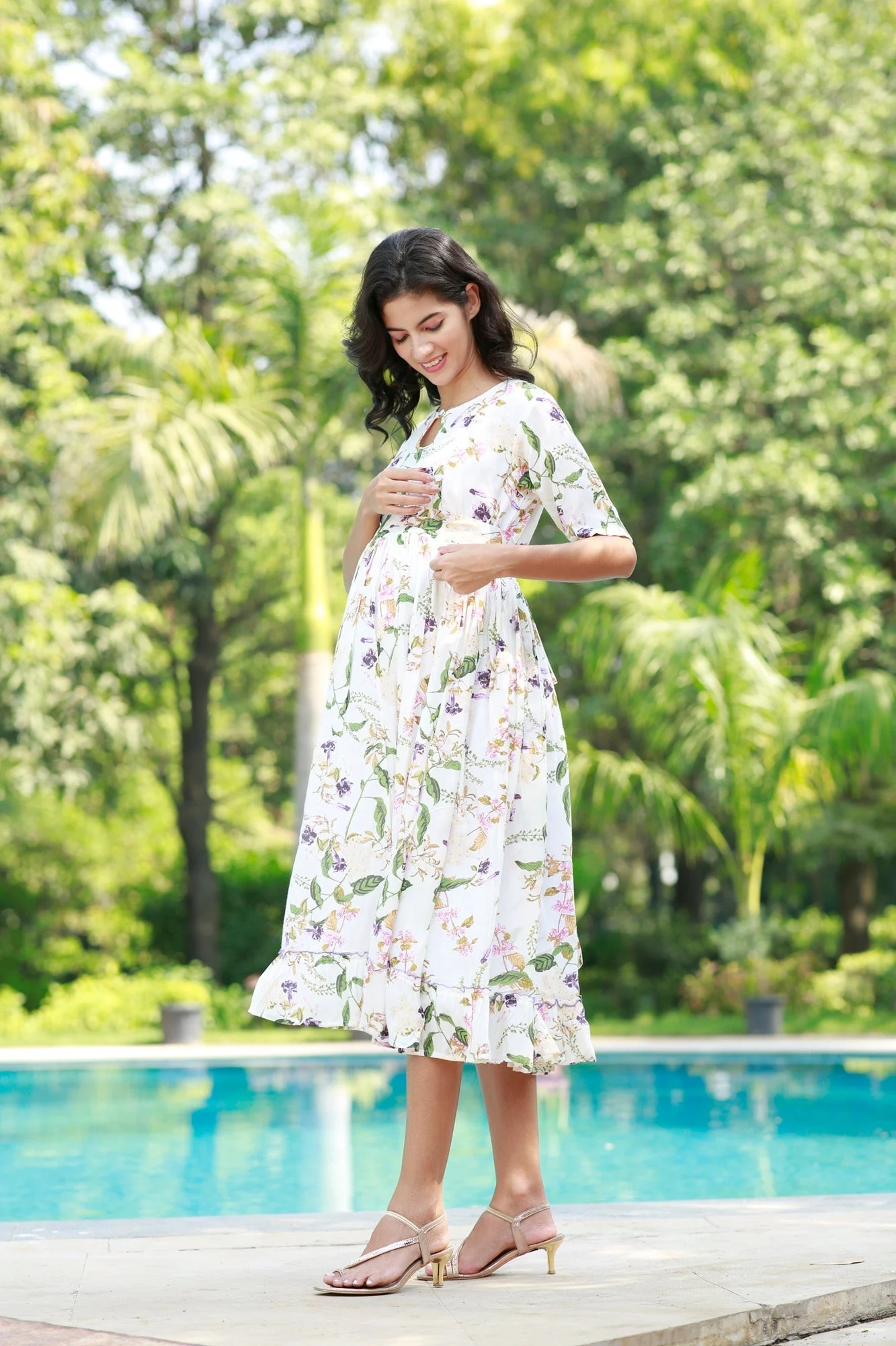 Boho Ivory Tropical Frill Concealed Zips Maternity & Nursing Dress - Chenance