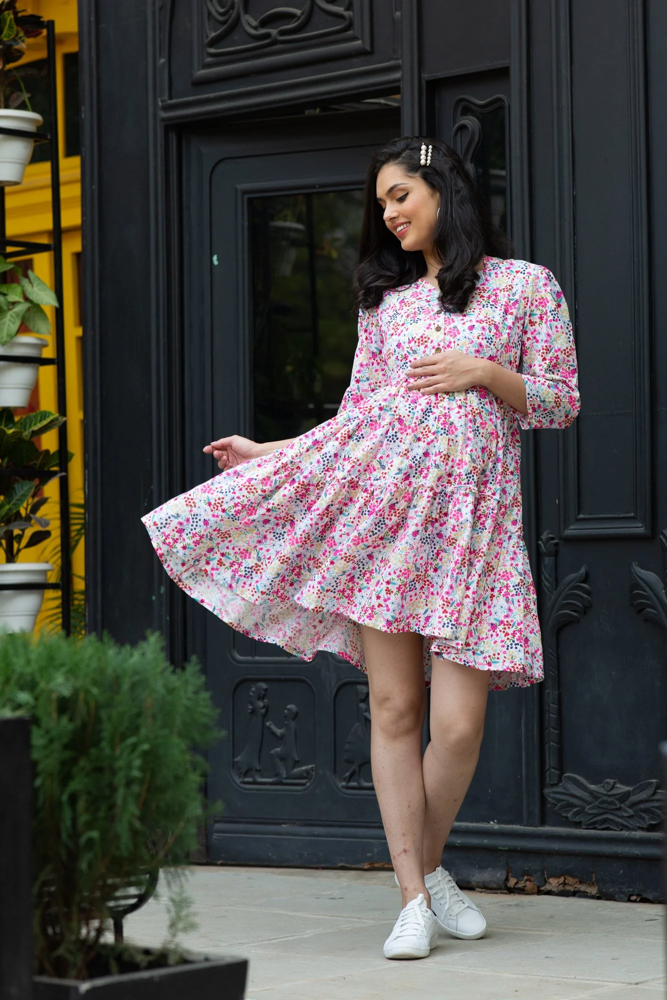 Spring Pristine White Maternity & Nursing Flair Dress - Chenance