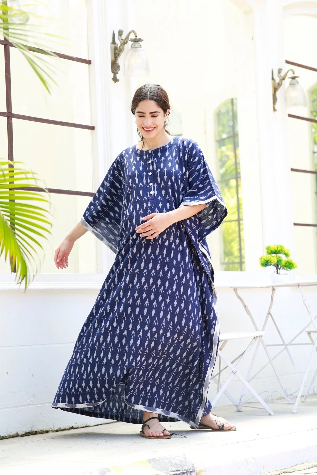 Elegant Indigo Ikat Maternity & Nursing Kaftan (100% Cotton) - Chenance