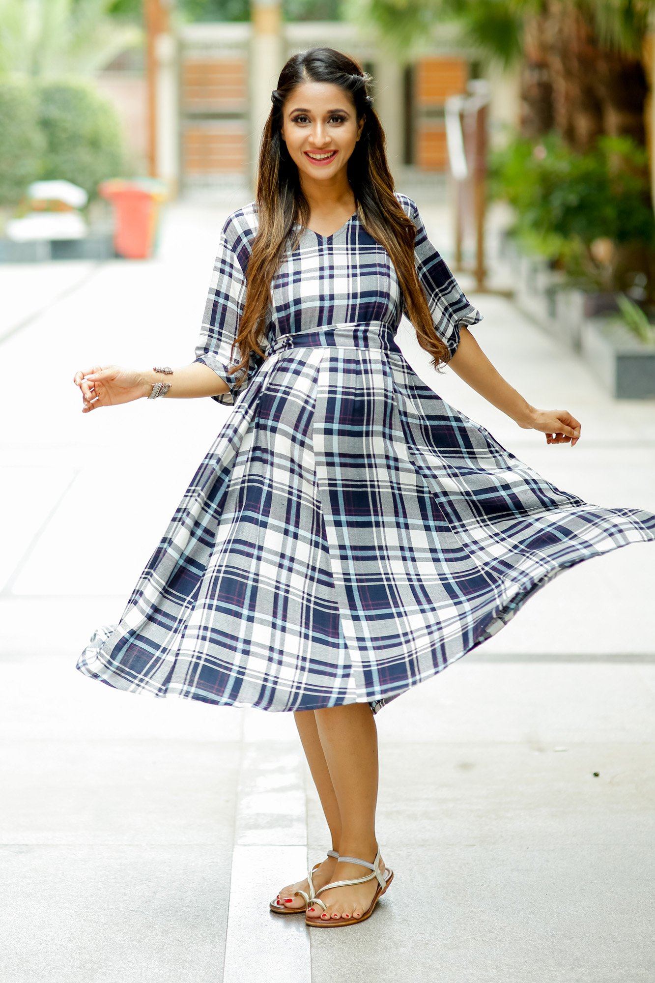 Royal Navy Plaid Concealed Zips Maternity and Nursing Dress - Chenance