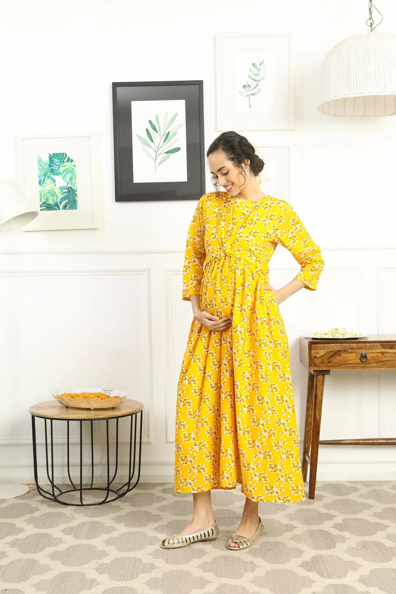 Cheery Sunshine Glow Floral Maternity Knot Dress - Chenance