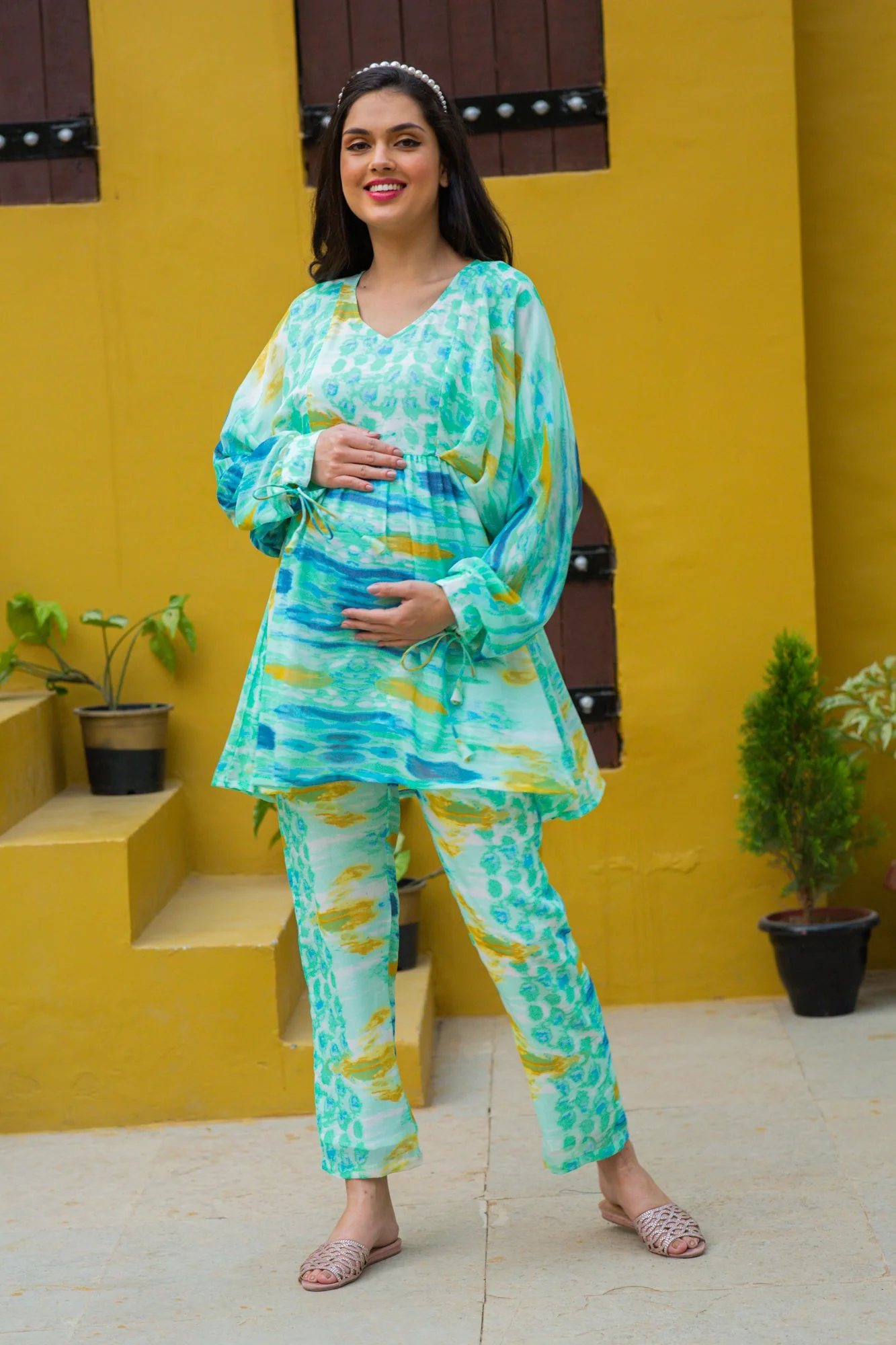 Luxe Aqua Tie & Dye Maternity & Nursing Lounge Coord Set (2 pc) - Chenance