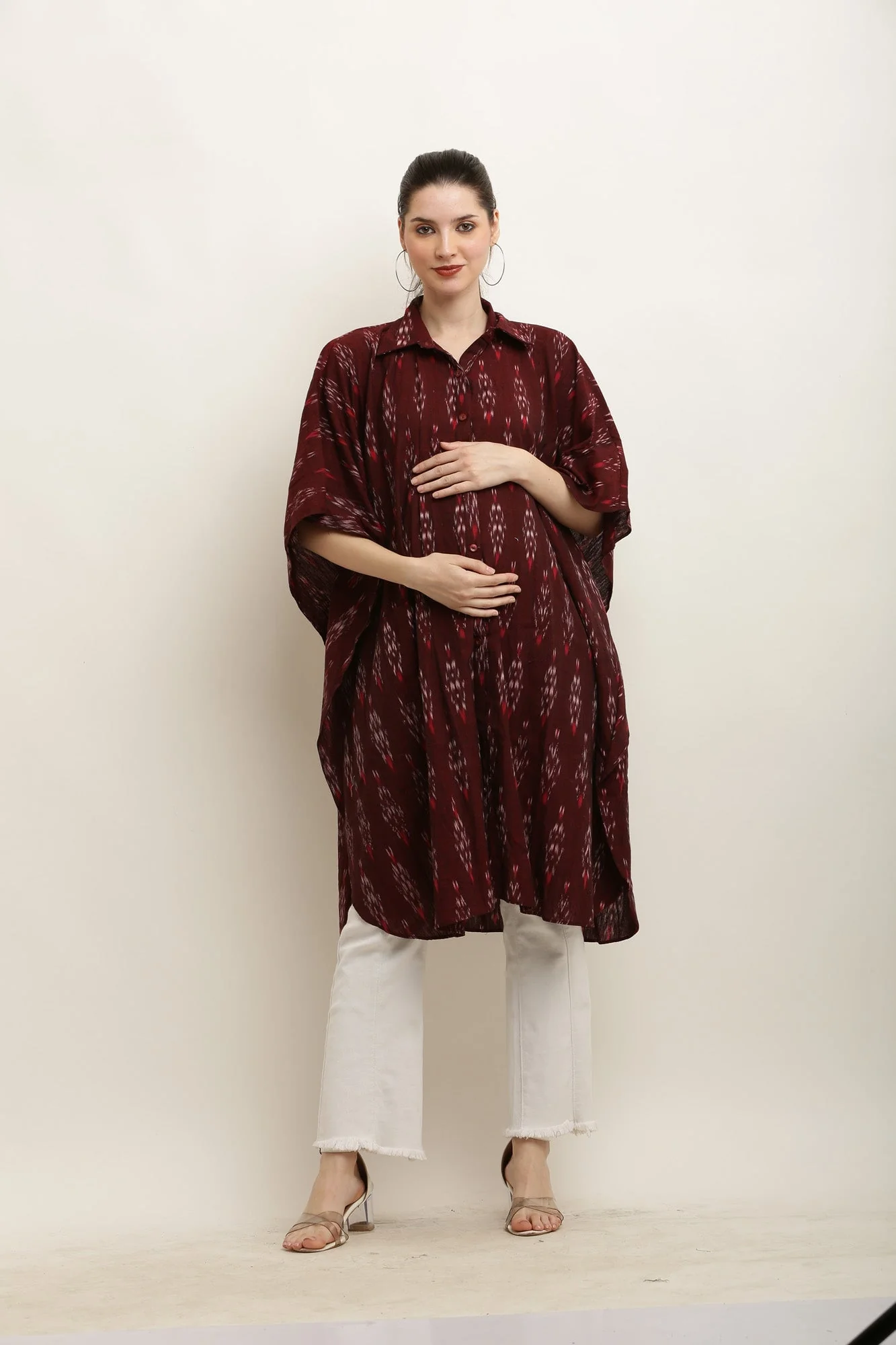 Classic Cranberry Ikat Maternity & Nursing Shirt Dress - Chenance