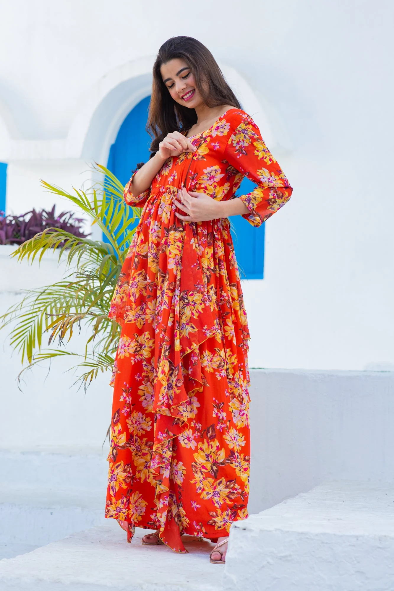 Luxe Crimson Bloom Maternity & Nursing Flow Dress - Chenance