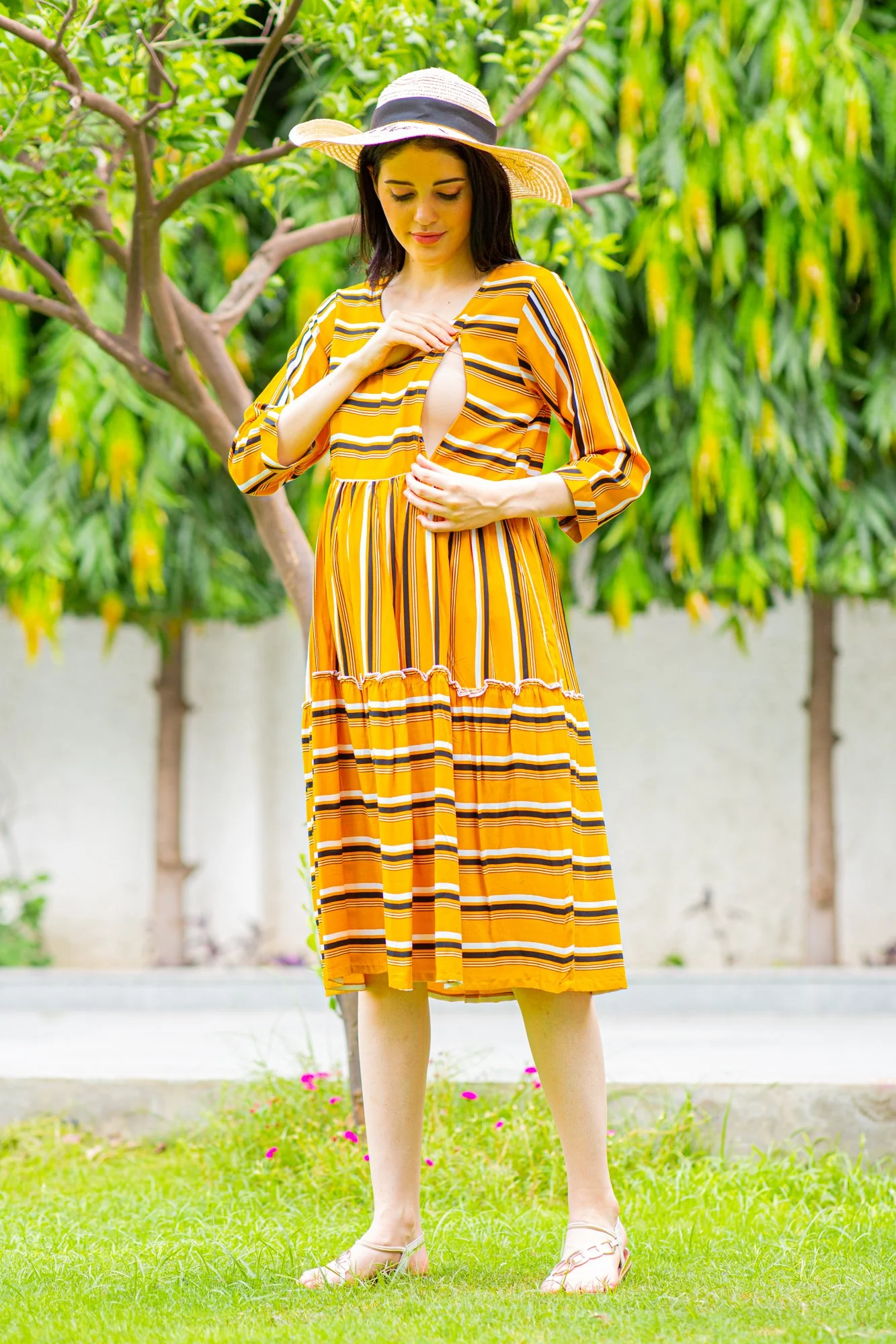 Canary Stripe Maternity & Nursing Dress - Chenance