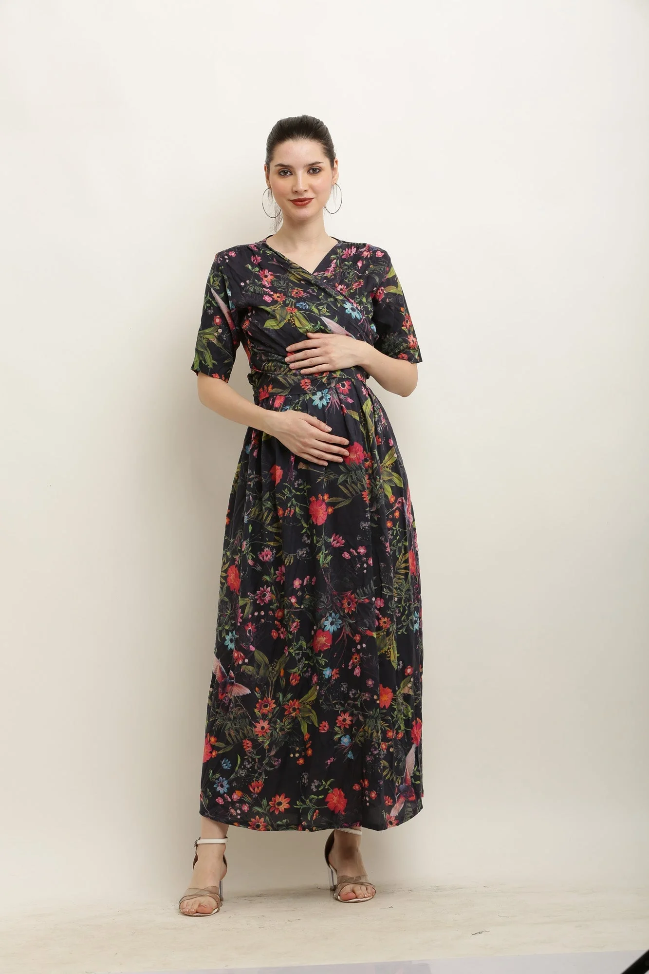 Coal Bundle Of Blooming Fowl Maternity Layered Knot Dress - Chenance