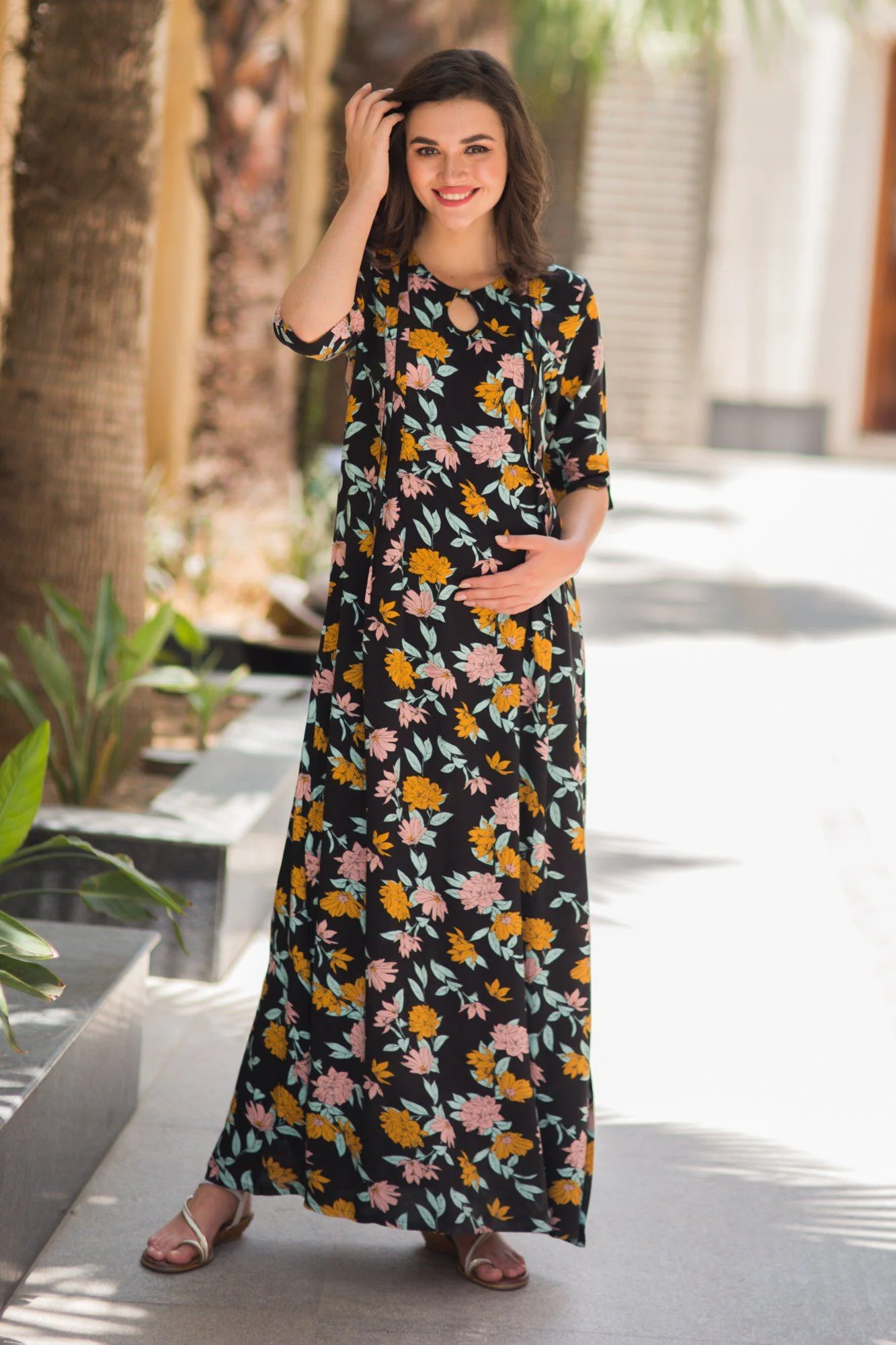 Ebony Floral Side Slit Maternity & Feeding Dress - Chenance