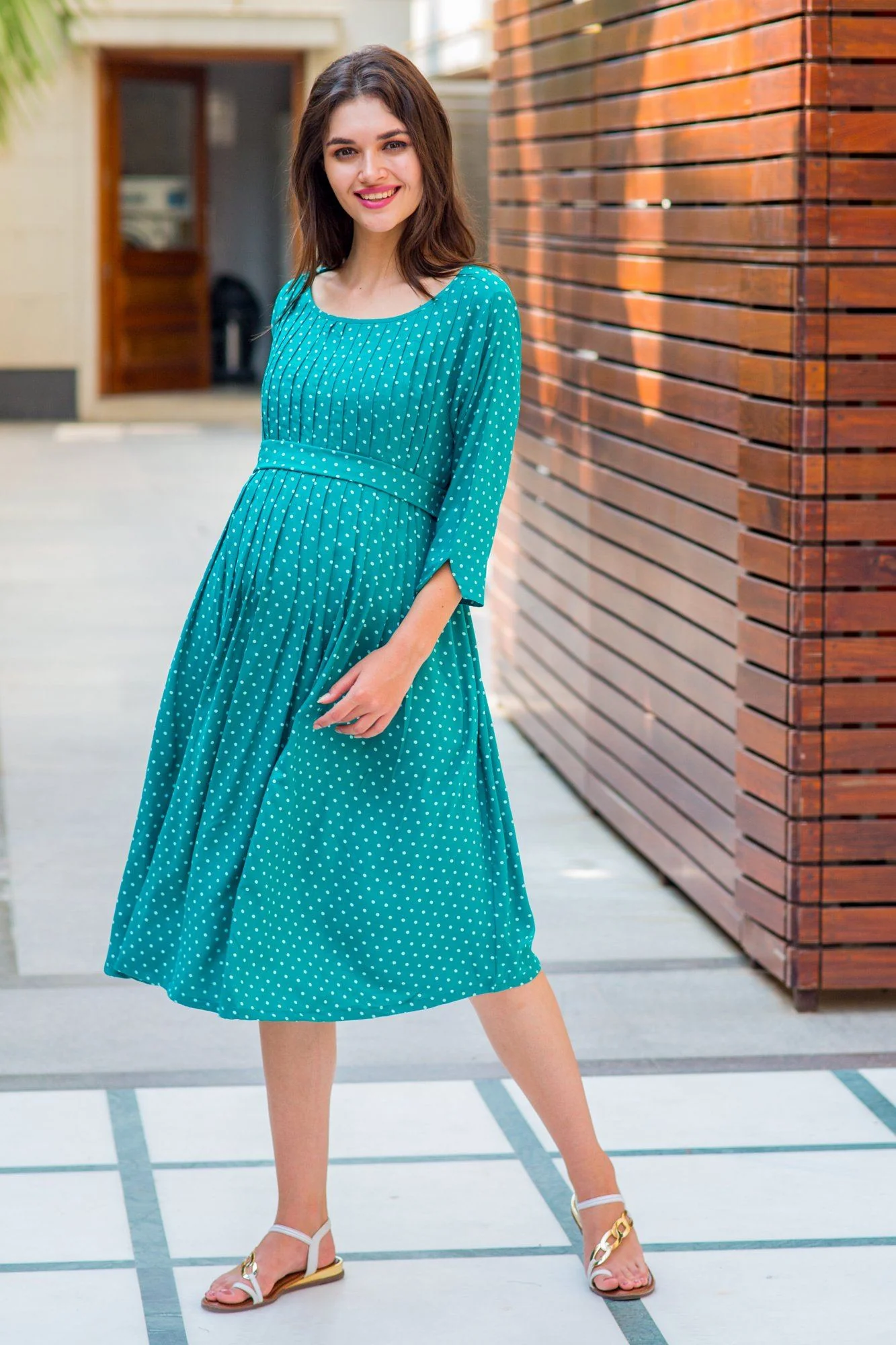 Emerald Polka Pintucks Nursing Kurta Dress - Chenance