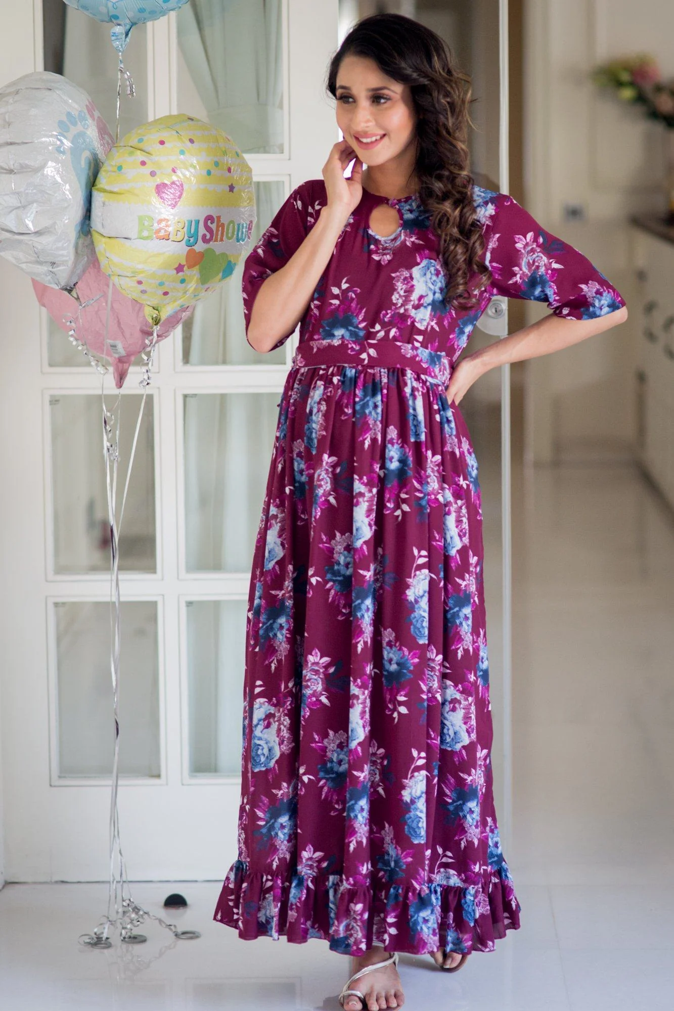Violet Floral Frill Concealed Zips Maternity & Nursing Dress - Chenance