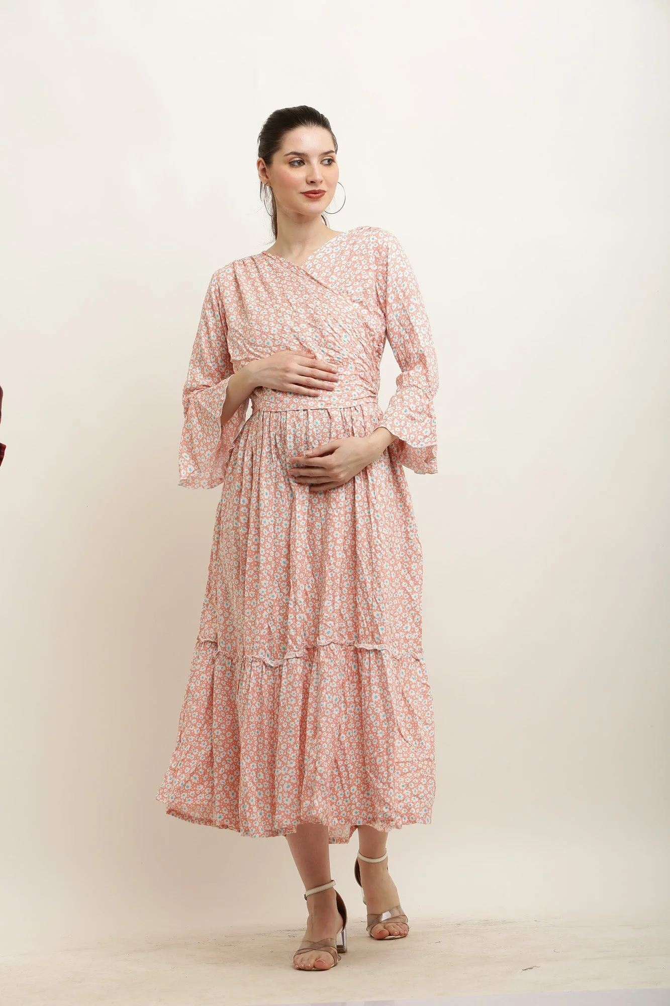 Chic Salmon Bloom Maternity Layered Knot Dress - Chenance