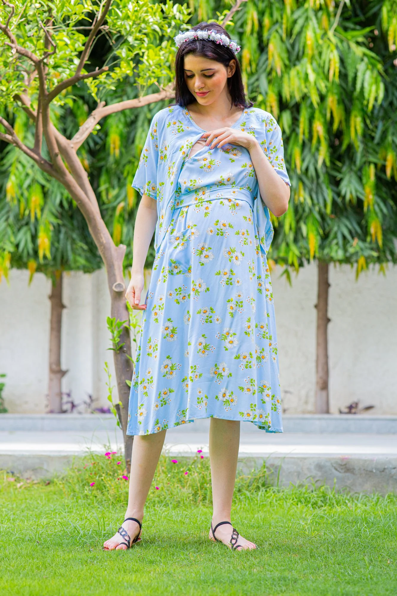 Sky Blue Maternity & Nursing Flap Dress - Chenance