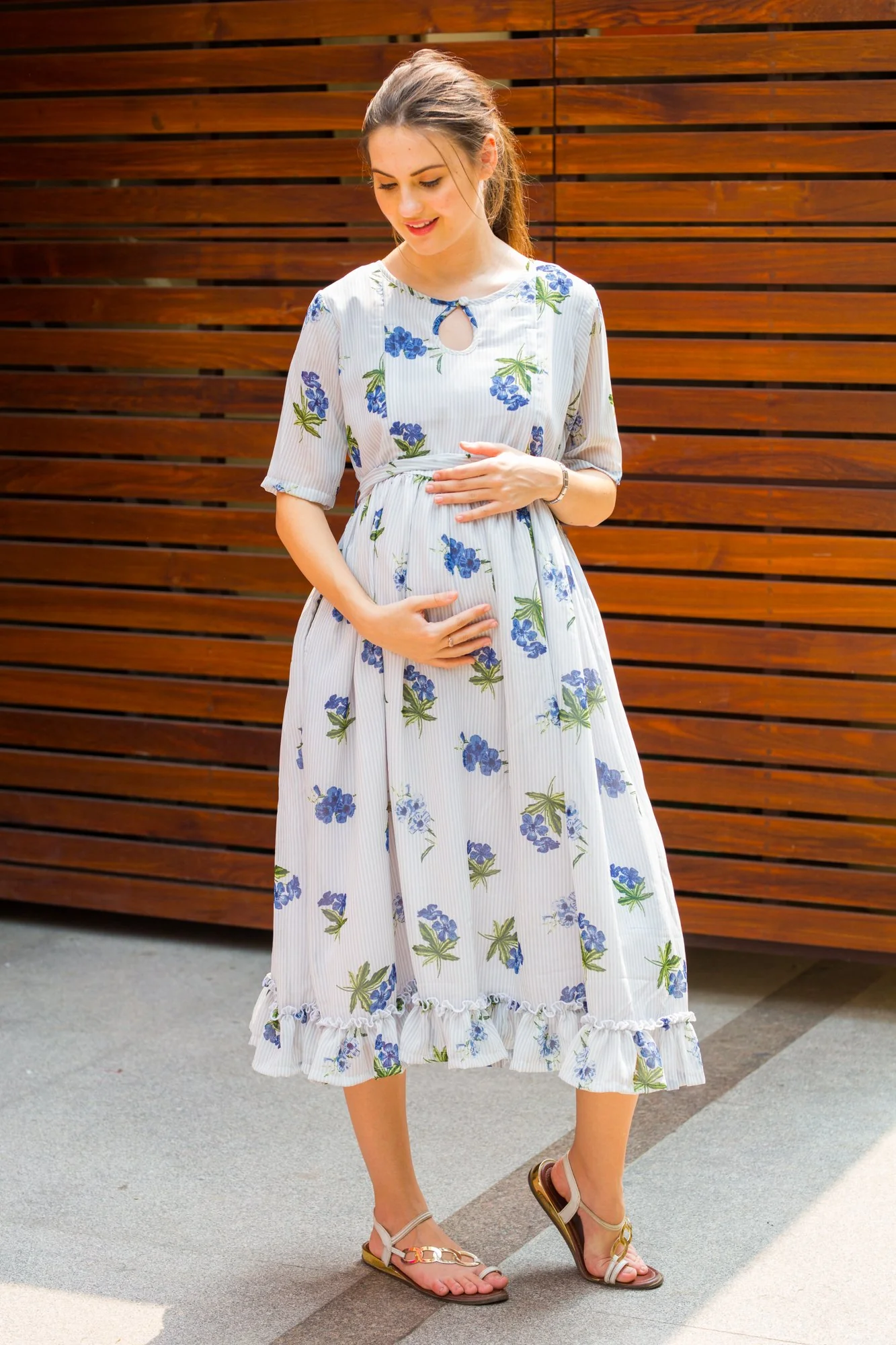 Rose Striped Concealed Zips Nursing Dress - Chenance