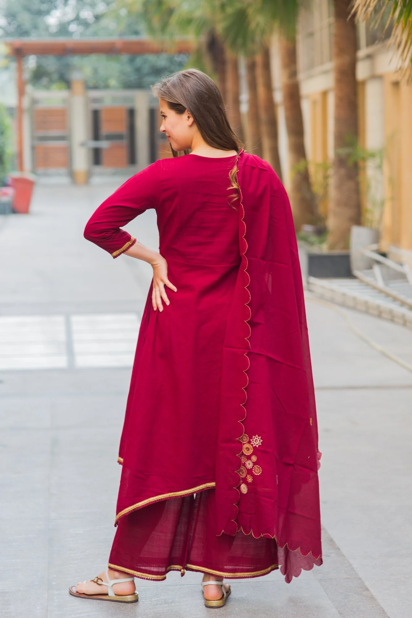 Premium Maroon Assym Gold Zari Maternity & Nursing Suit Set (3 pc) - Chenance