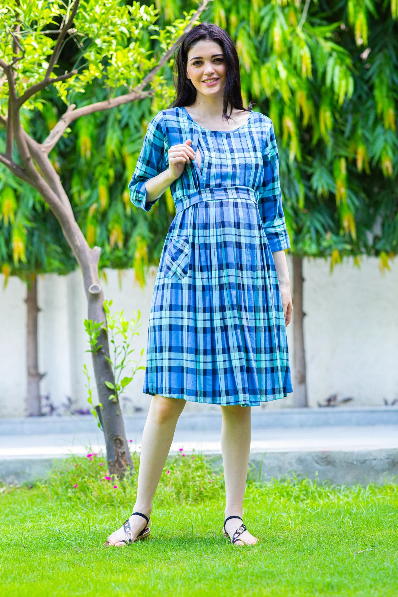 Ocean Blue Pintucks Nursing Dress - Chenance