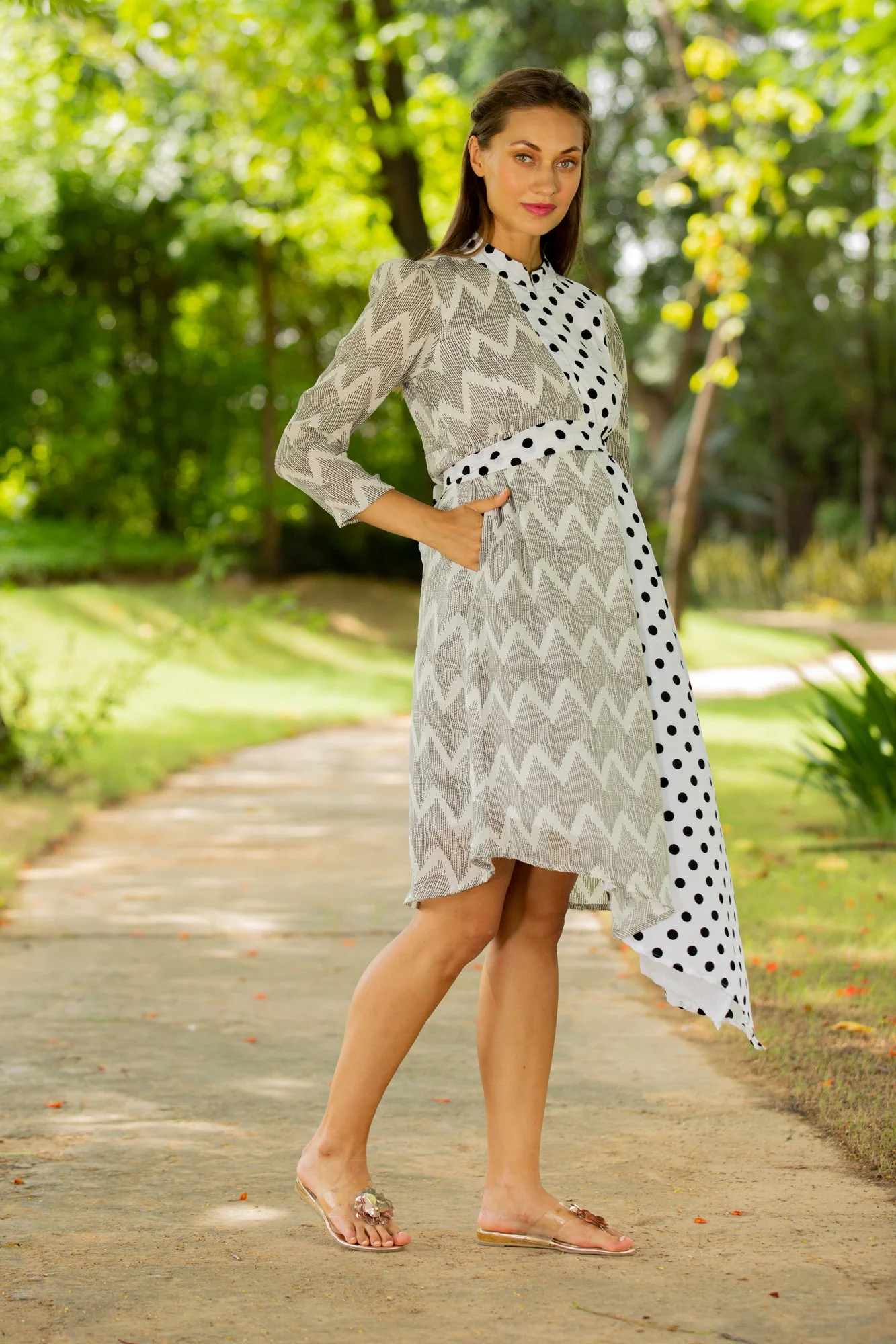Asymmetrical Zig-Zag High Neck Maternity & Nursing Dress - Chenance