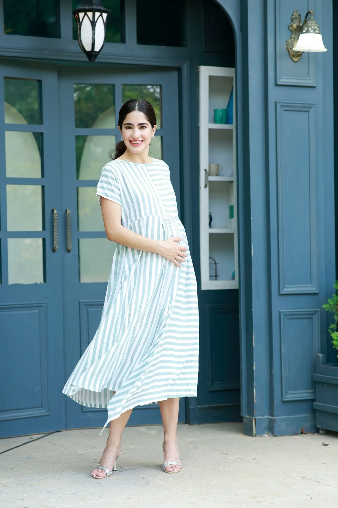 Love Sage Green Striped Maternity & Nursing Dress - Chenance