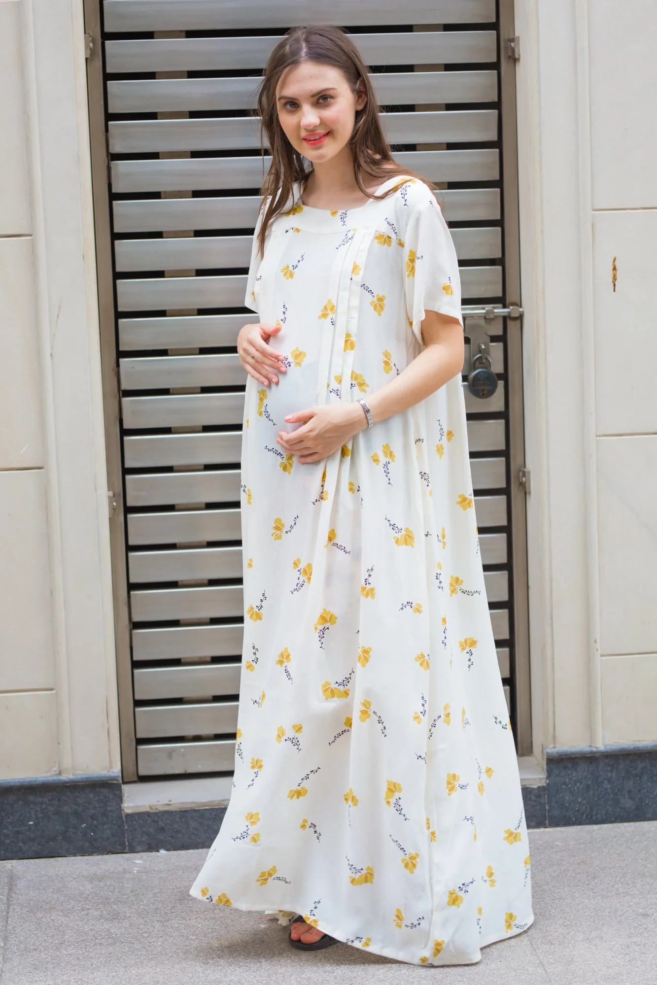 Pristine Floral Maternity & Nursing Concealed Zips Night Dress - Chenance