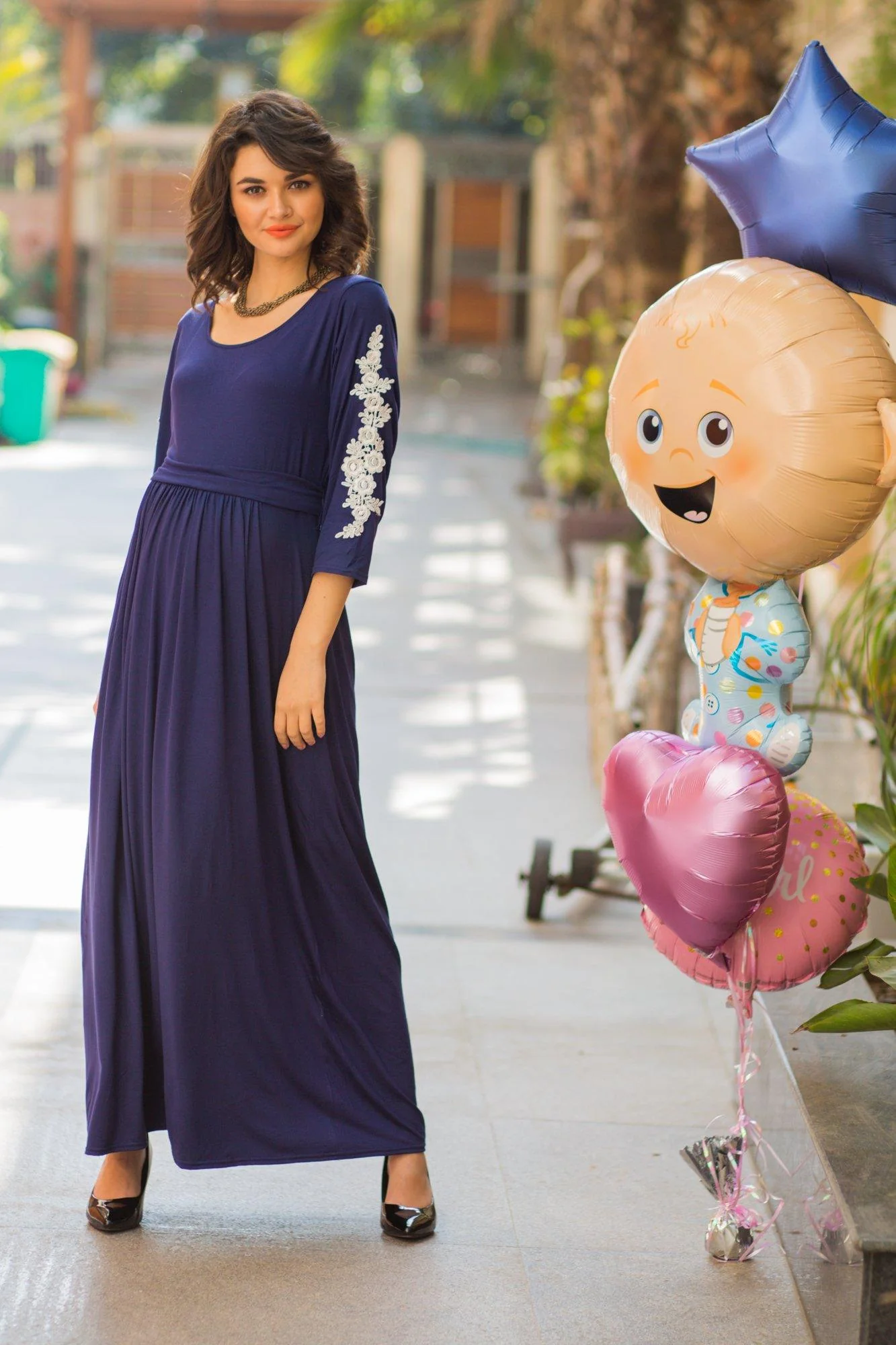 Regal Blue Lycra Crochet Sleeves Maternity Dress - Chenance