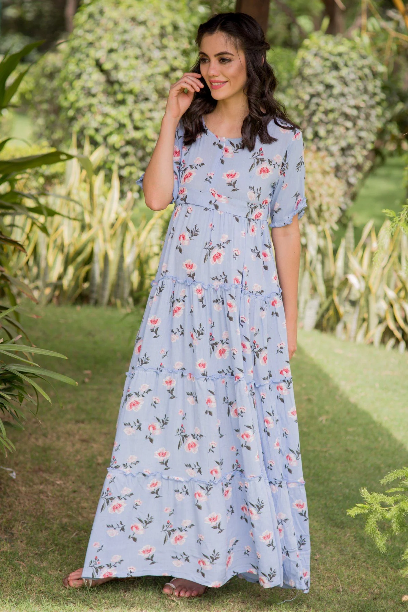 Multilayer Baby Blue Frill Maternity & Nursing Dress - Chenance