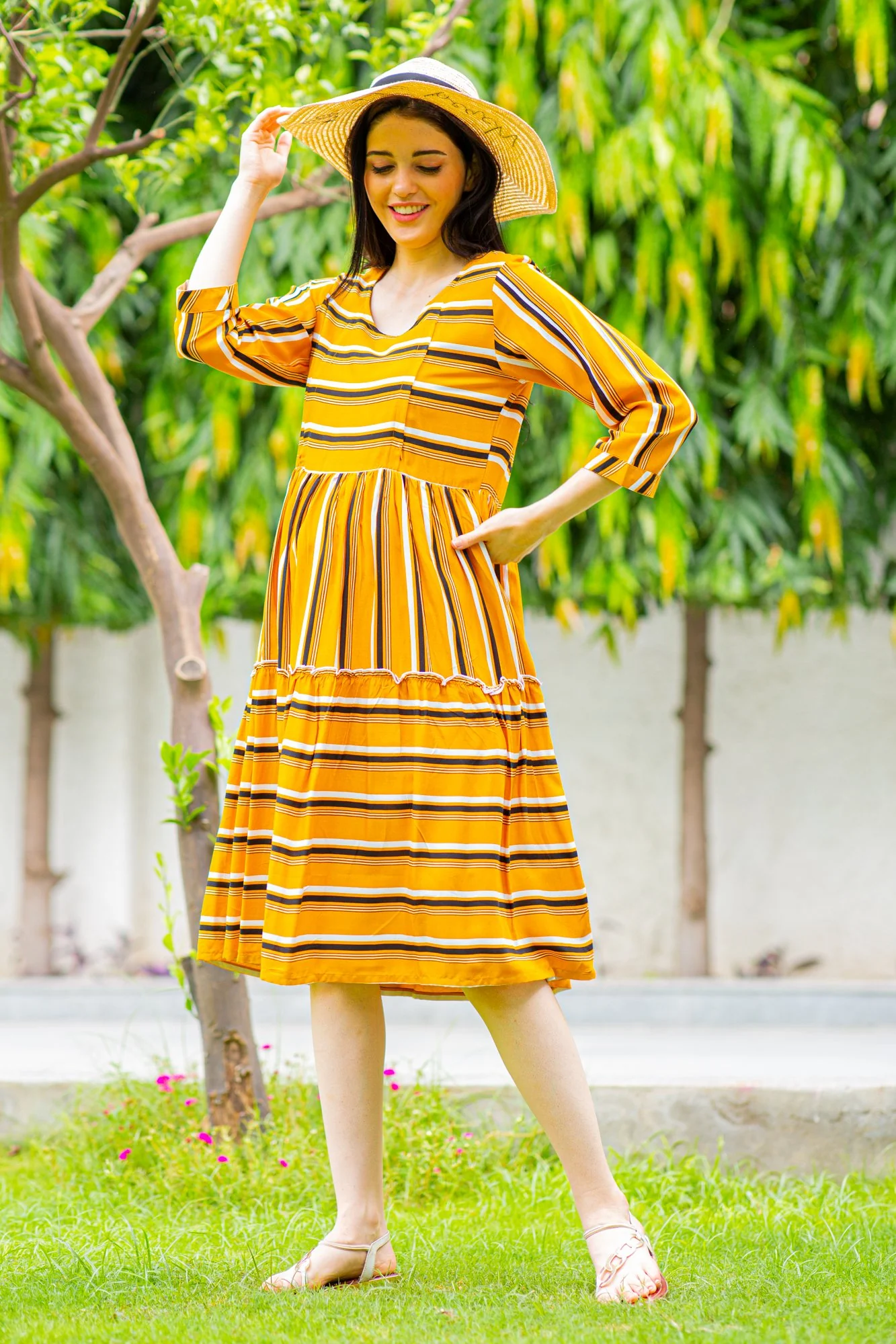 Canary Stripe Maternity & Nursing Dress - Chenance