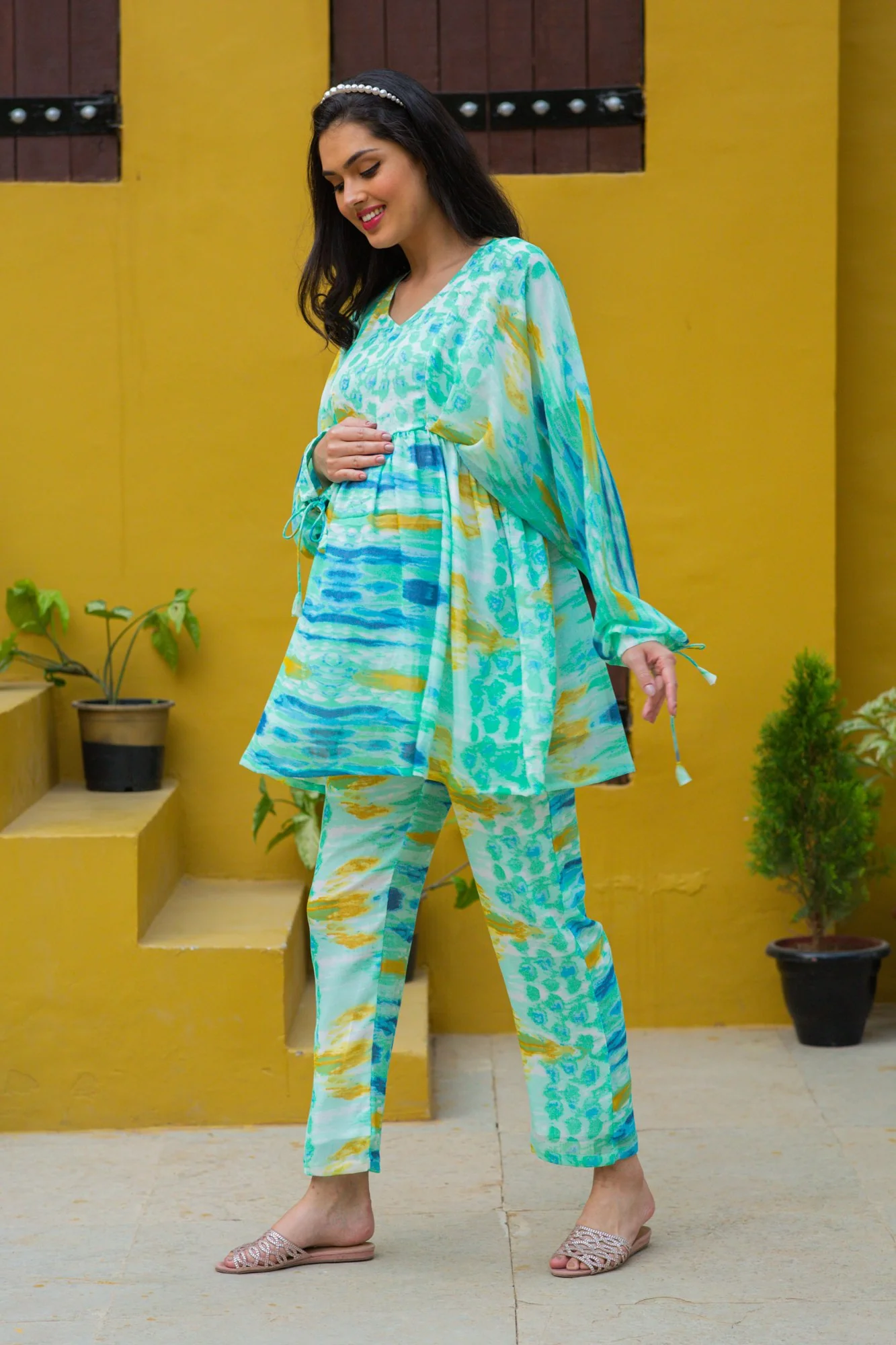 Luxe Aqua Tie & Dye Maternity & Nursing Lounge Coord Set (2 pc) - Chenance