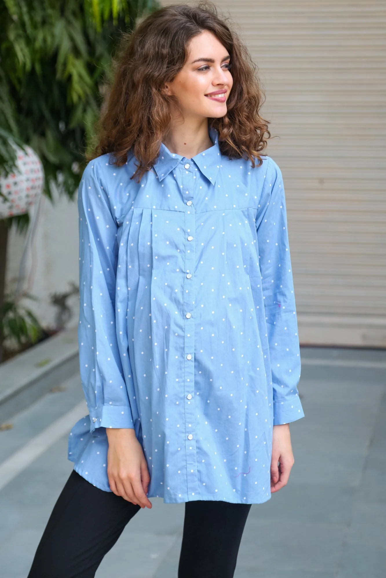 Sky Blue Polka Cotton Gathered  Maternity & Nursing Top - Chenance