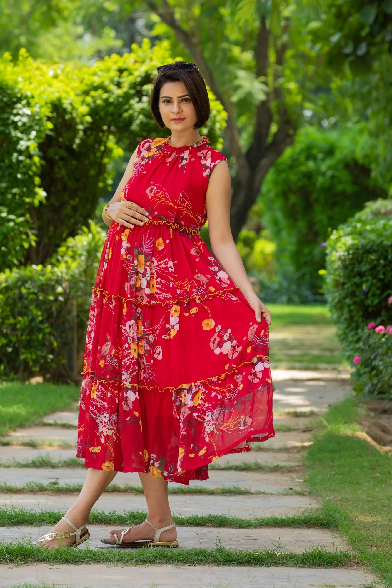 Chirpy Red Frill Maternity & Nursing Dress - Chenance