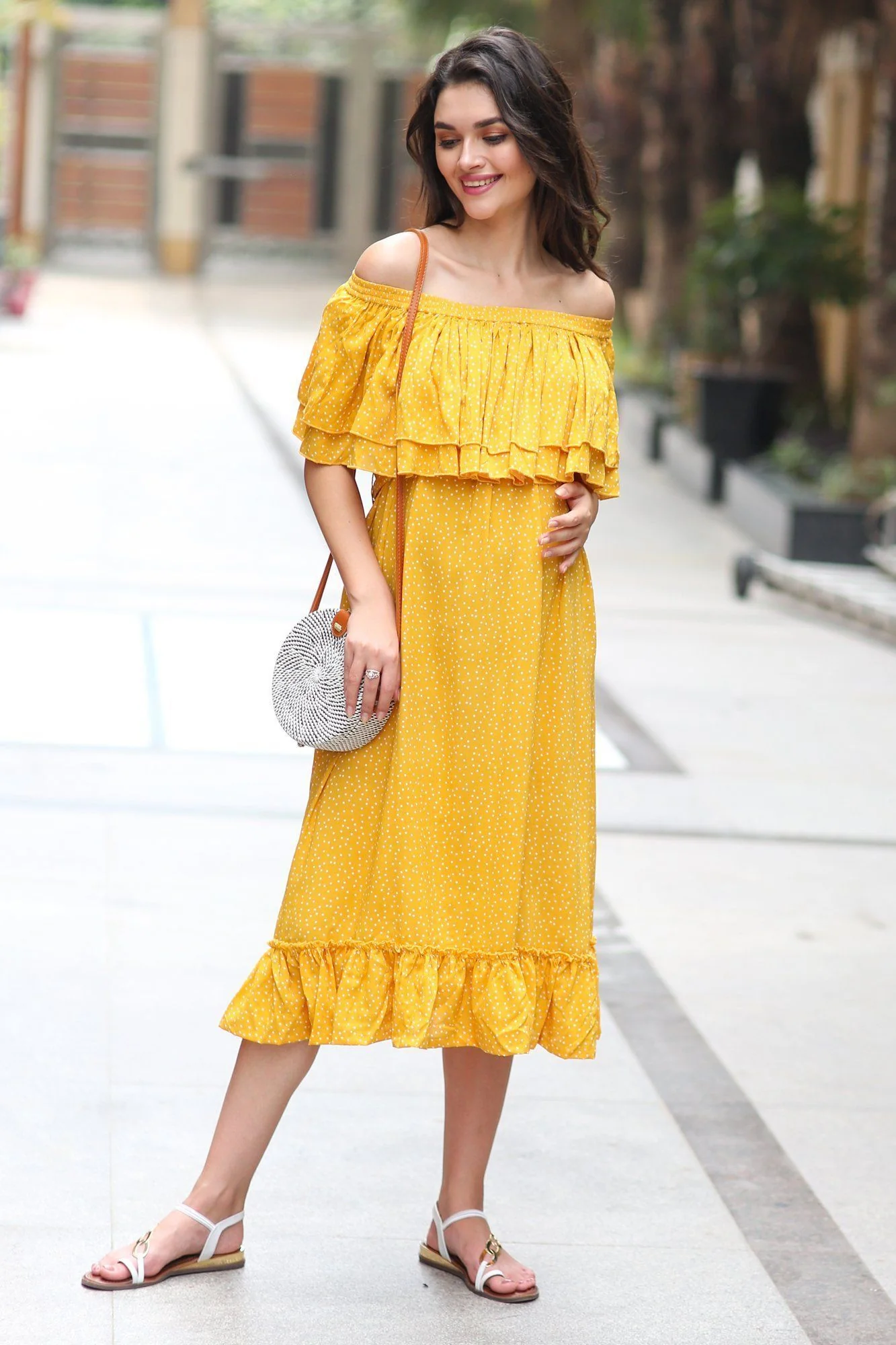 Sunrise Mustard Polka Off-Shoulder Maternity Maxi - Chenance