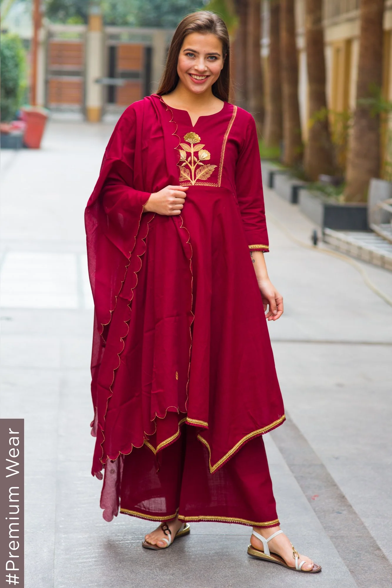 Premium Maroon Assym Gold Zari Maternity & Nursing Suit Set (3 pc) - Chenance