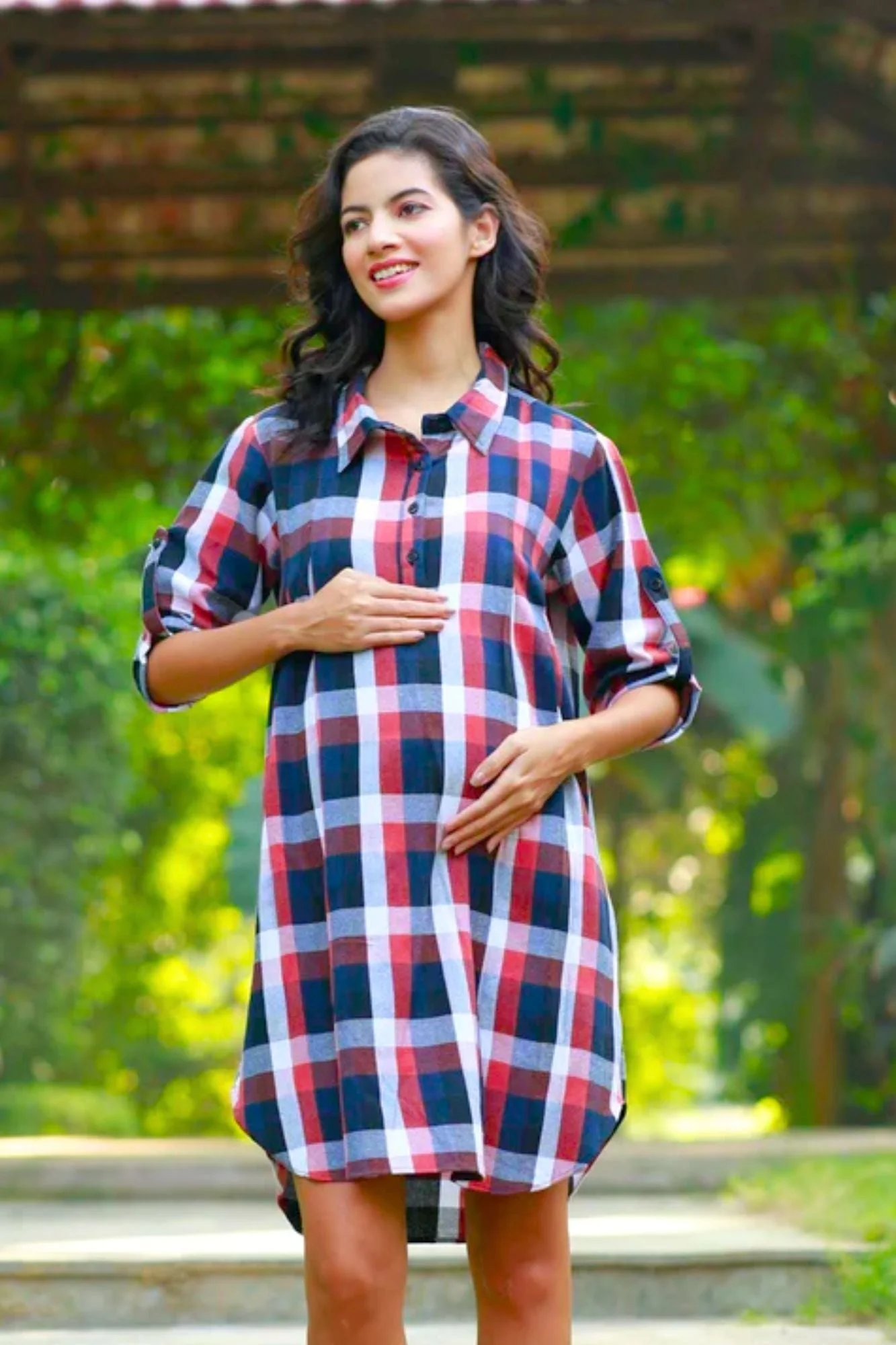 Charming Red Black Checks Maternity & Nursing Shirt Dress - Chenance