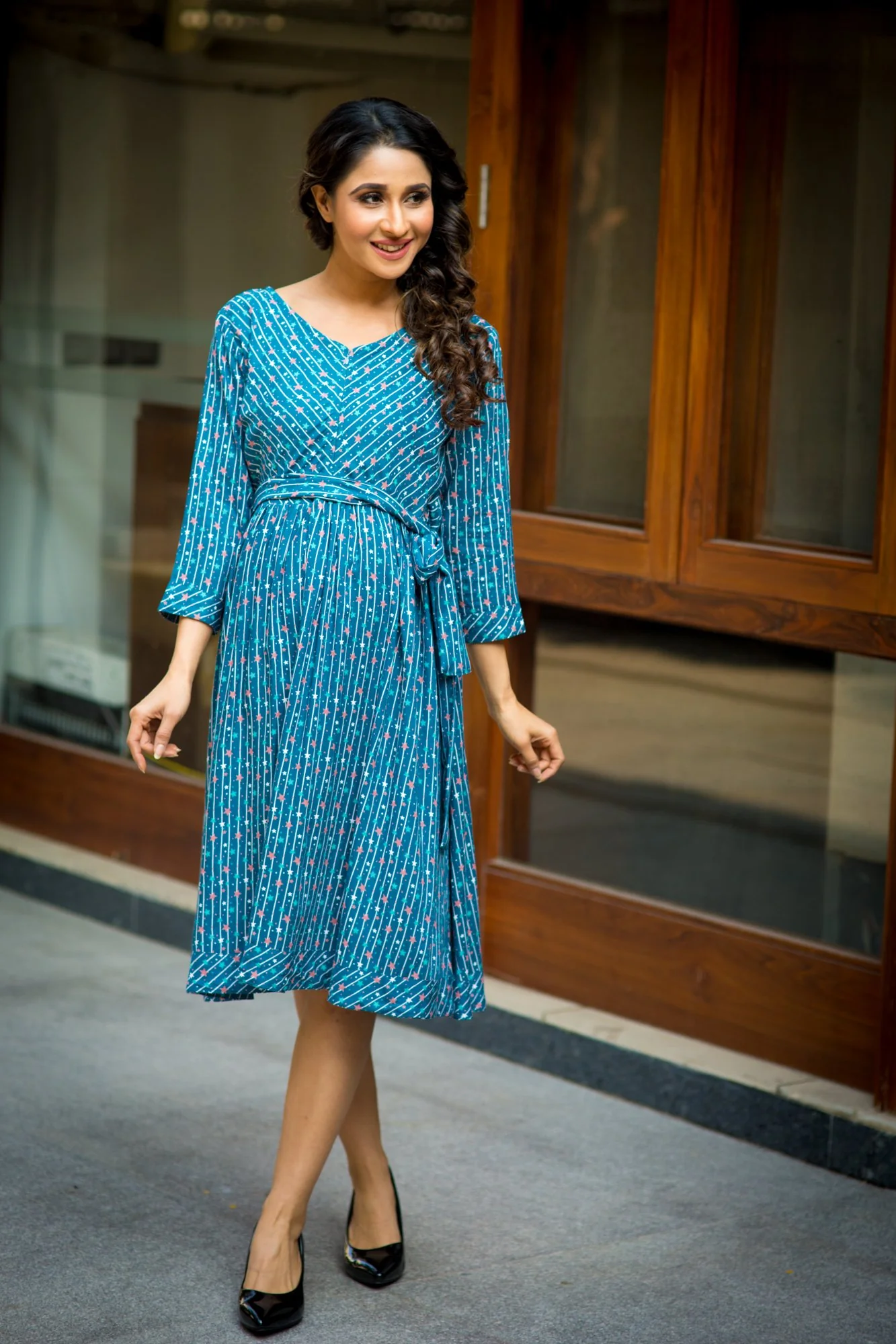 Starry Blue Striped Maternity & Nursing Front Zip Dress - Chenance