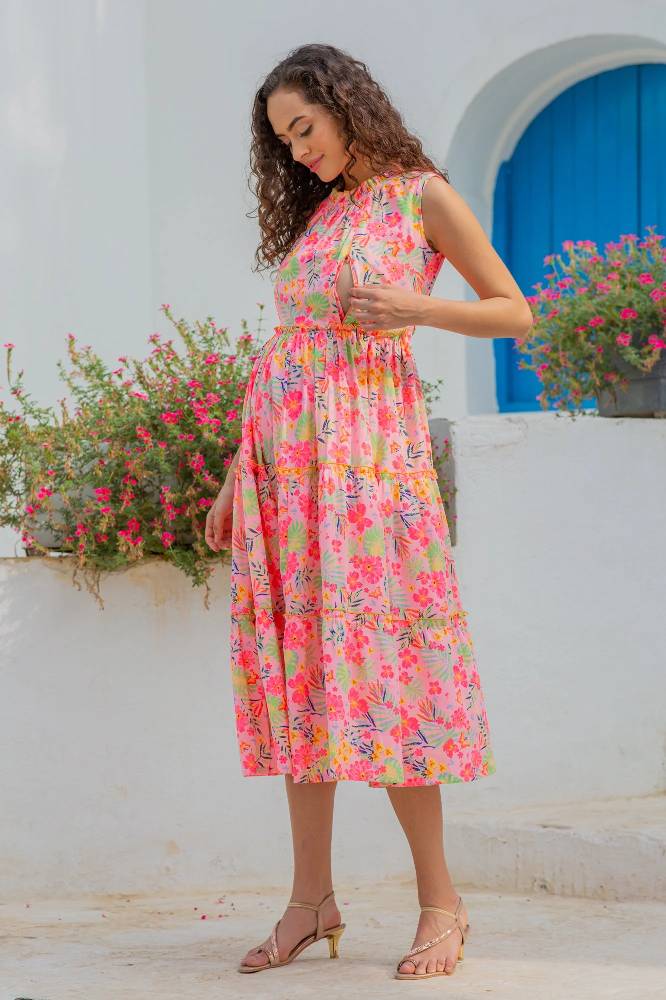 Breezy Satin Rose Pink Maternity & Nursing Concealed Zips Frill Dress - Chenance