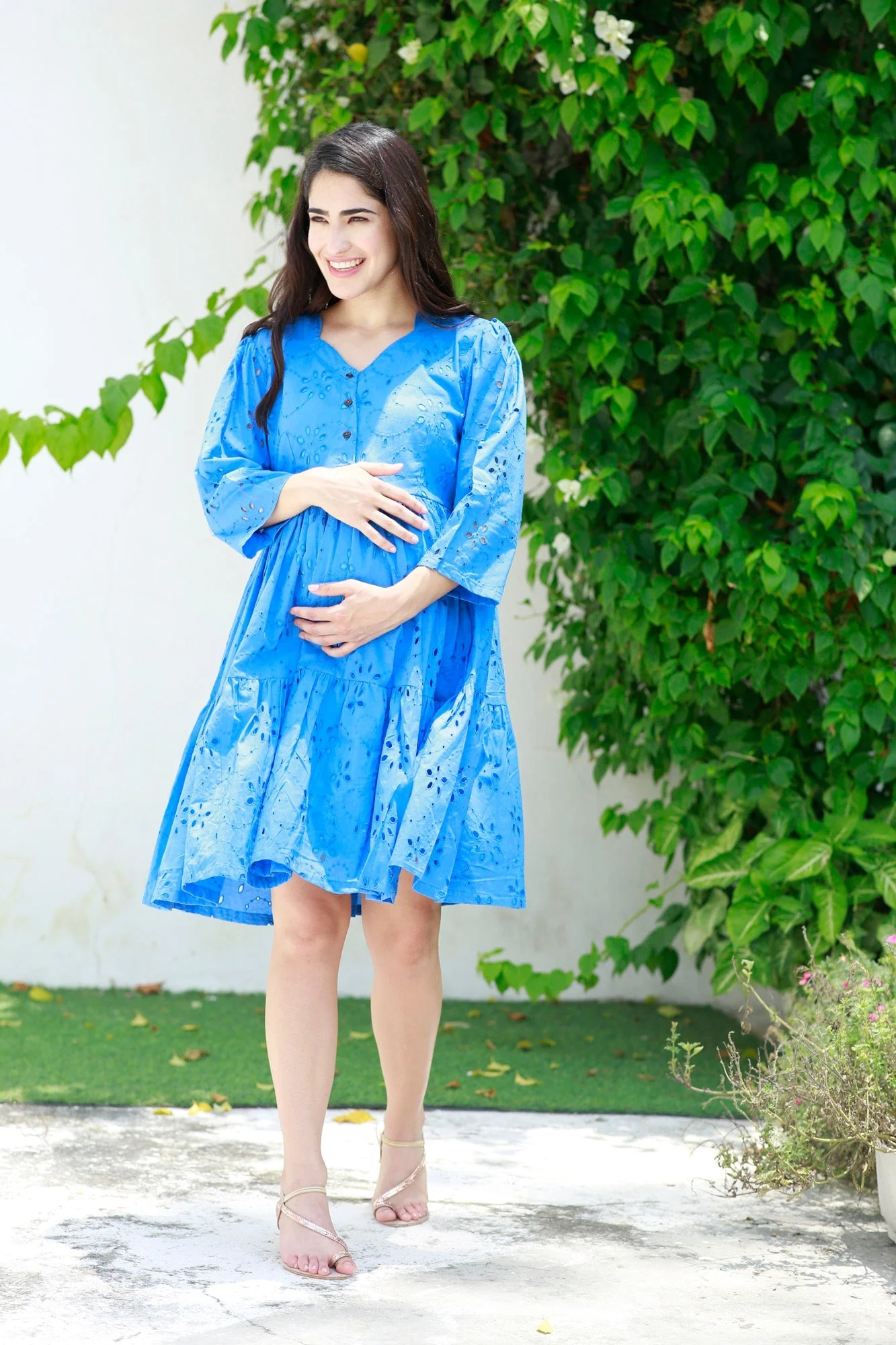 Pretty Cobalt Blue Maternity & Nursing Dress (100% Cotton) - Chenance