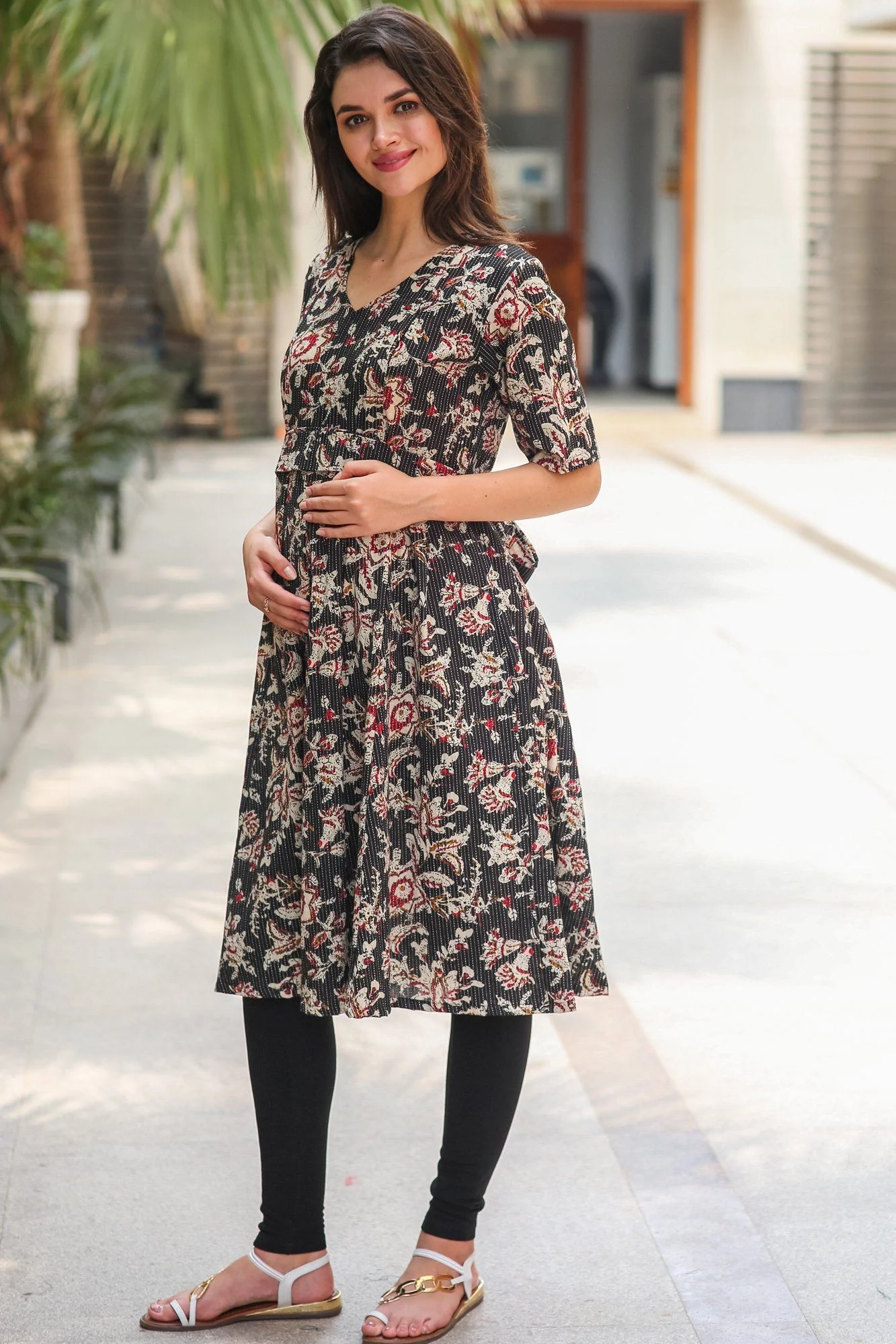 Raven Indian Motif Maternity & Nursing Cotton Kurta Dress - Chenance