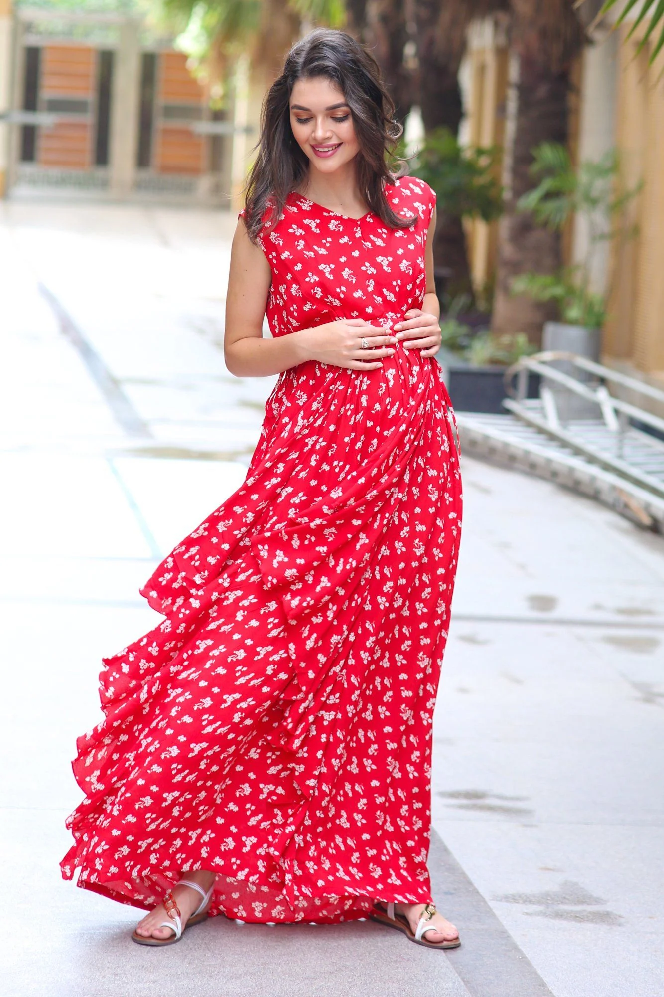 Royal Cherry Luxe Floral Maternity Dress - Chenance