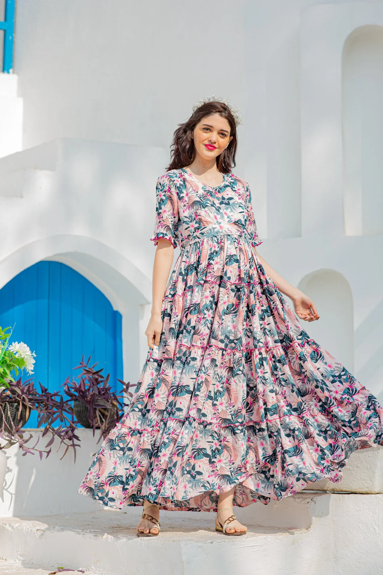 Peachy Tropical Bloom Frill Maternity & Nursing Dress - Chenance