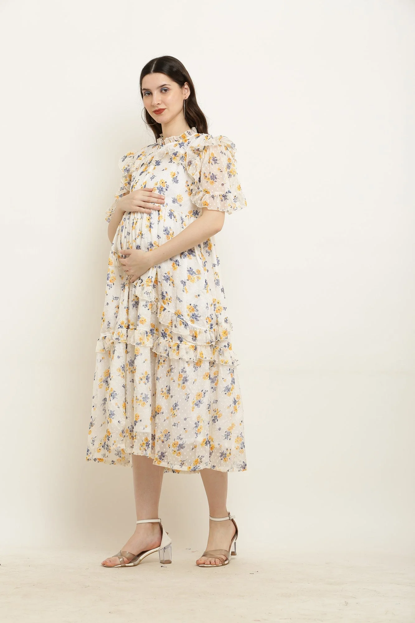 Soothing Ivory Yellow Floral Maternity & Nursing Frill Dress - Chenance