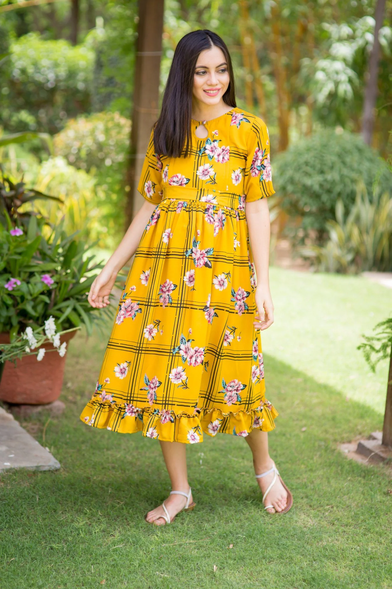 Sunny Striped Floral Frill Concealed Zips Nursing Dress - Chenance