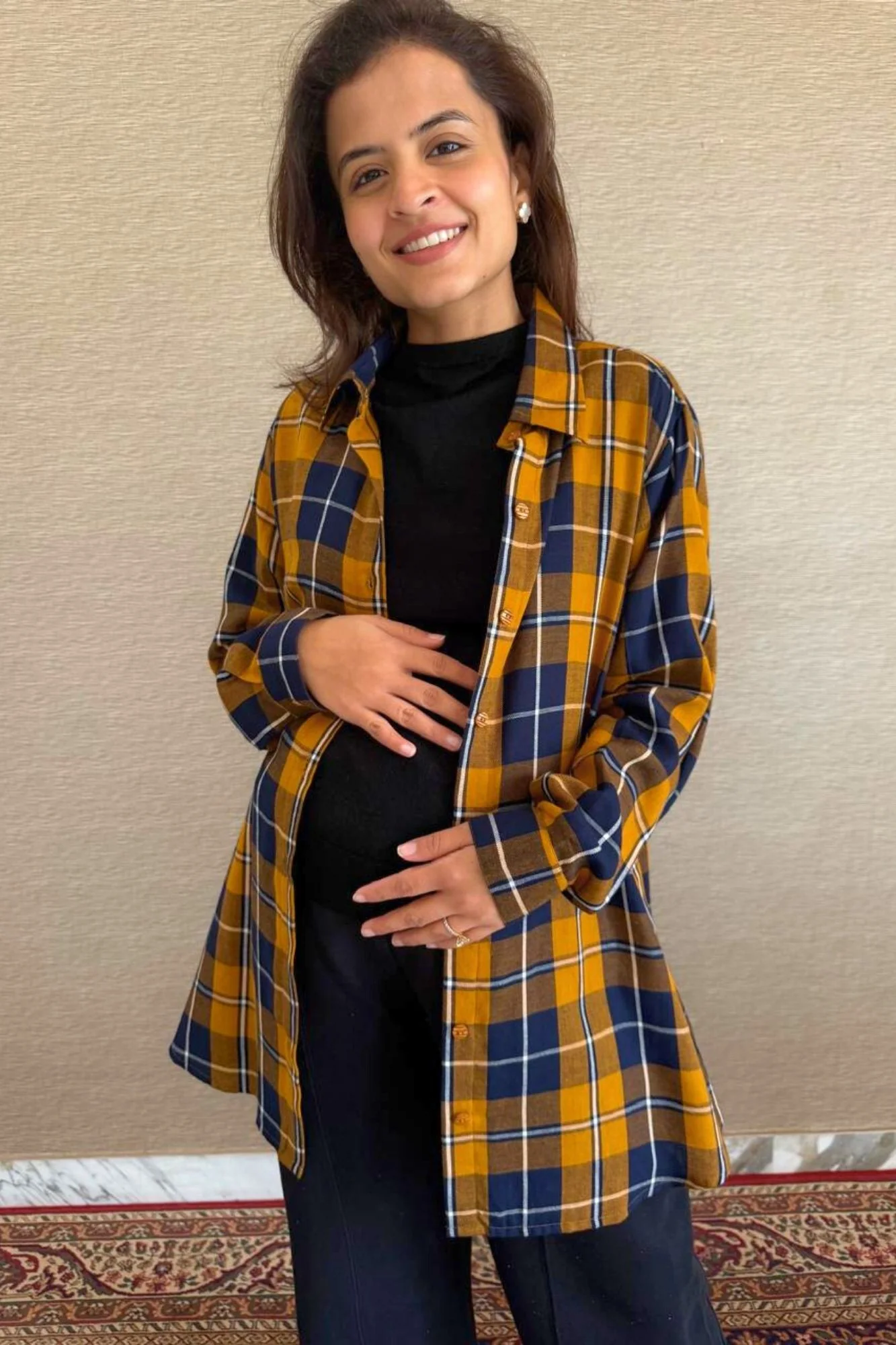 Mustard Blue Plaid Maternity & Nursing Top - Chenance