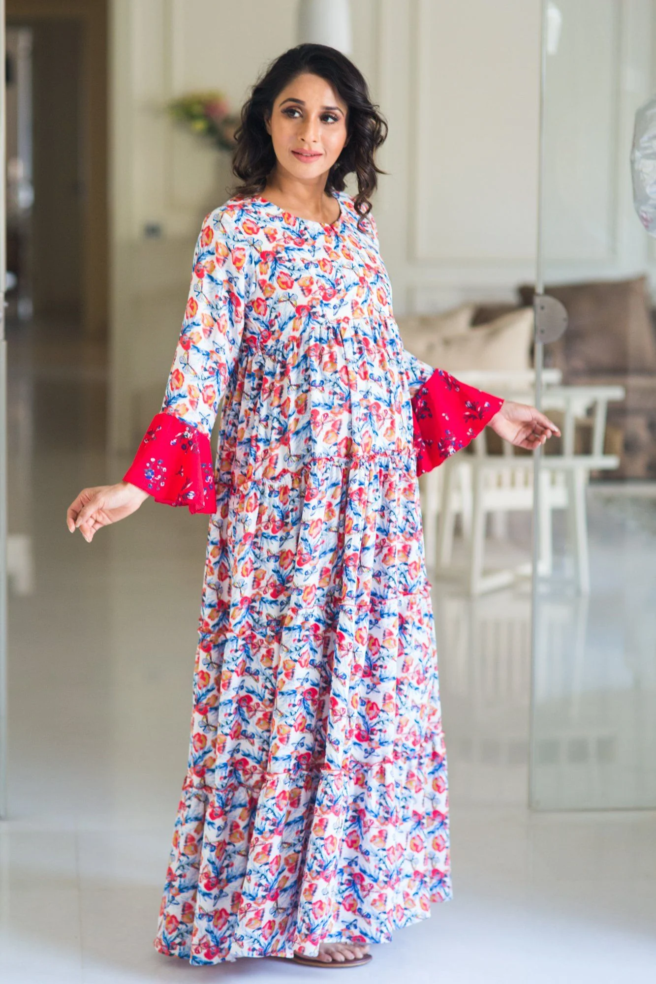 Multilayer White Boho Flowerbomb Single Zip Maternity & Nursing Dress - Chenance