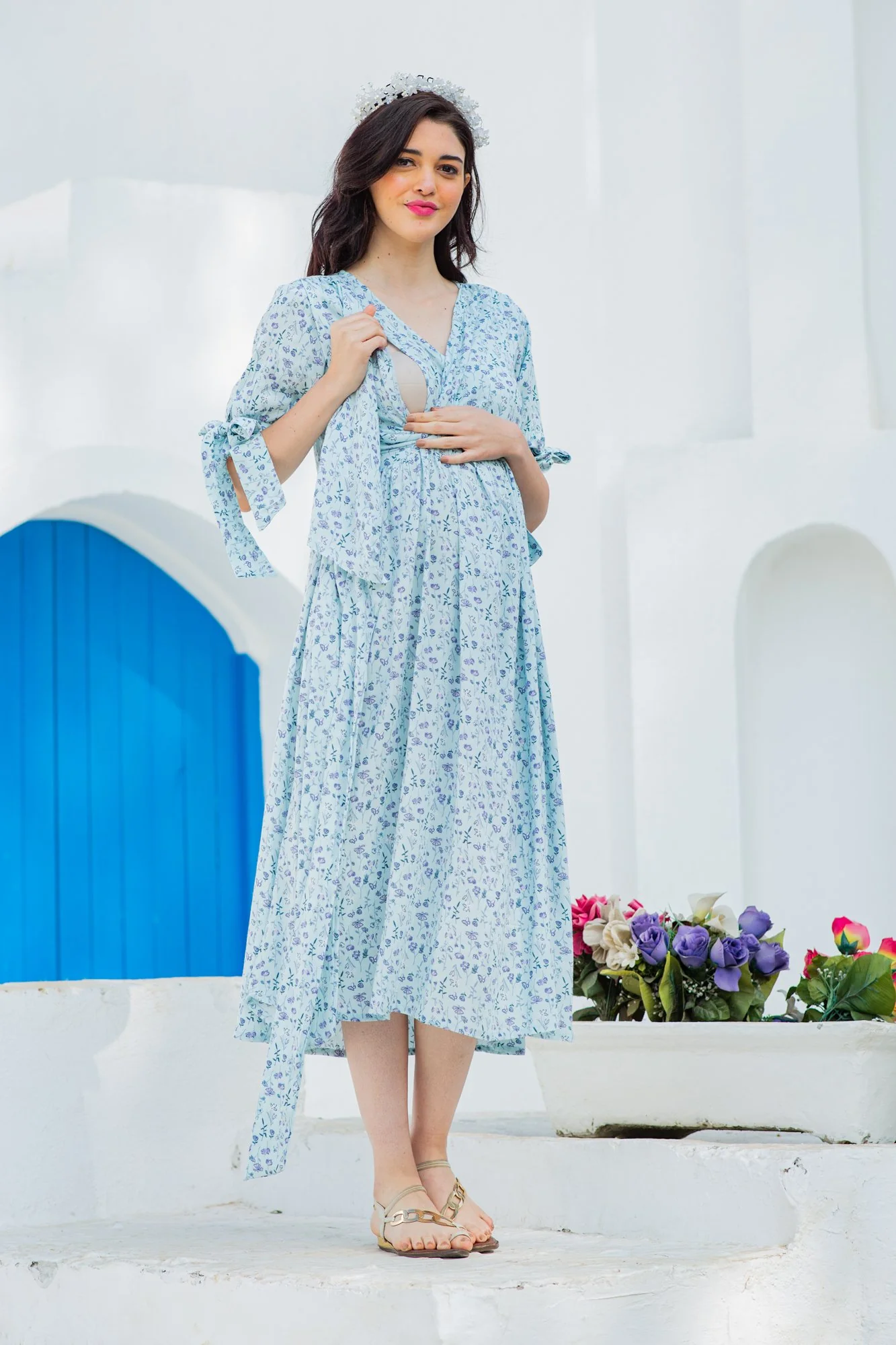 Pastel Sky Blue Maternity & Nursing Wrap Midi Dress - Chenance