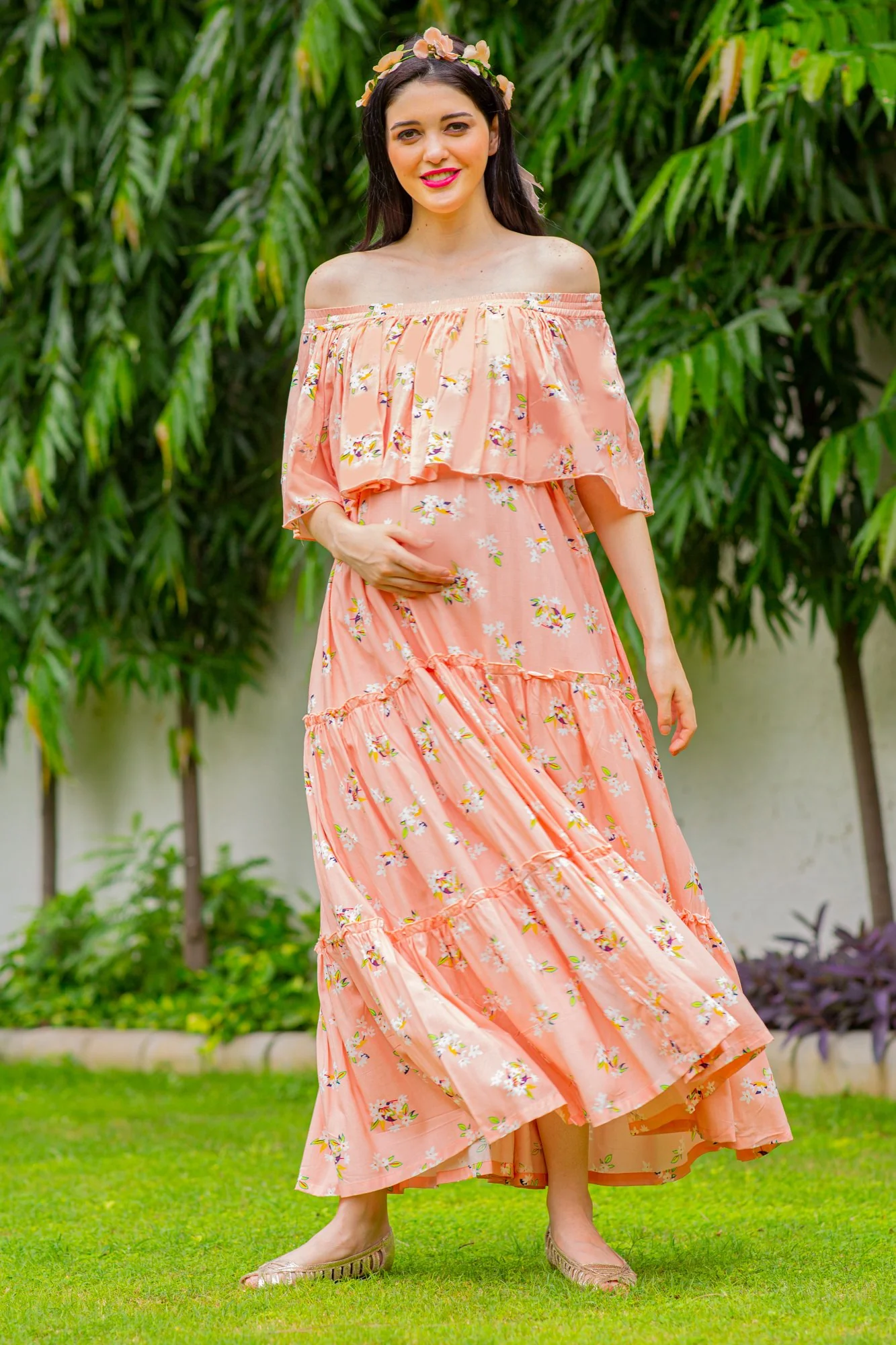 Dreamy Peach Off-Shoulder Maternity Maxi Dress - Chenance