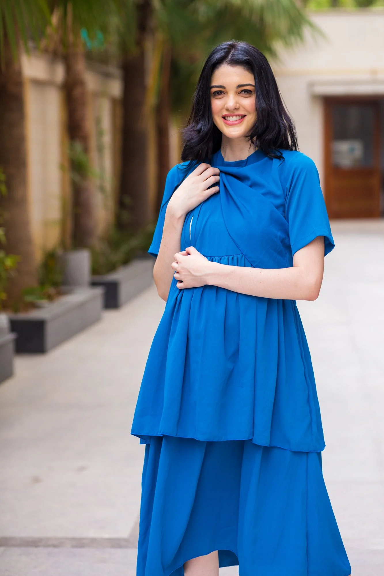 Teal Blue Layered Maternity & Nursing Dress - Chenance