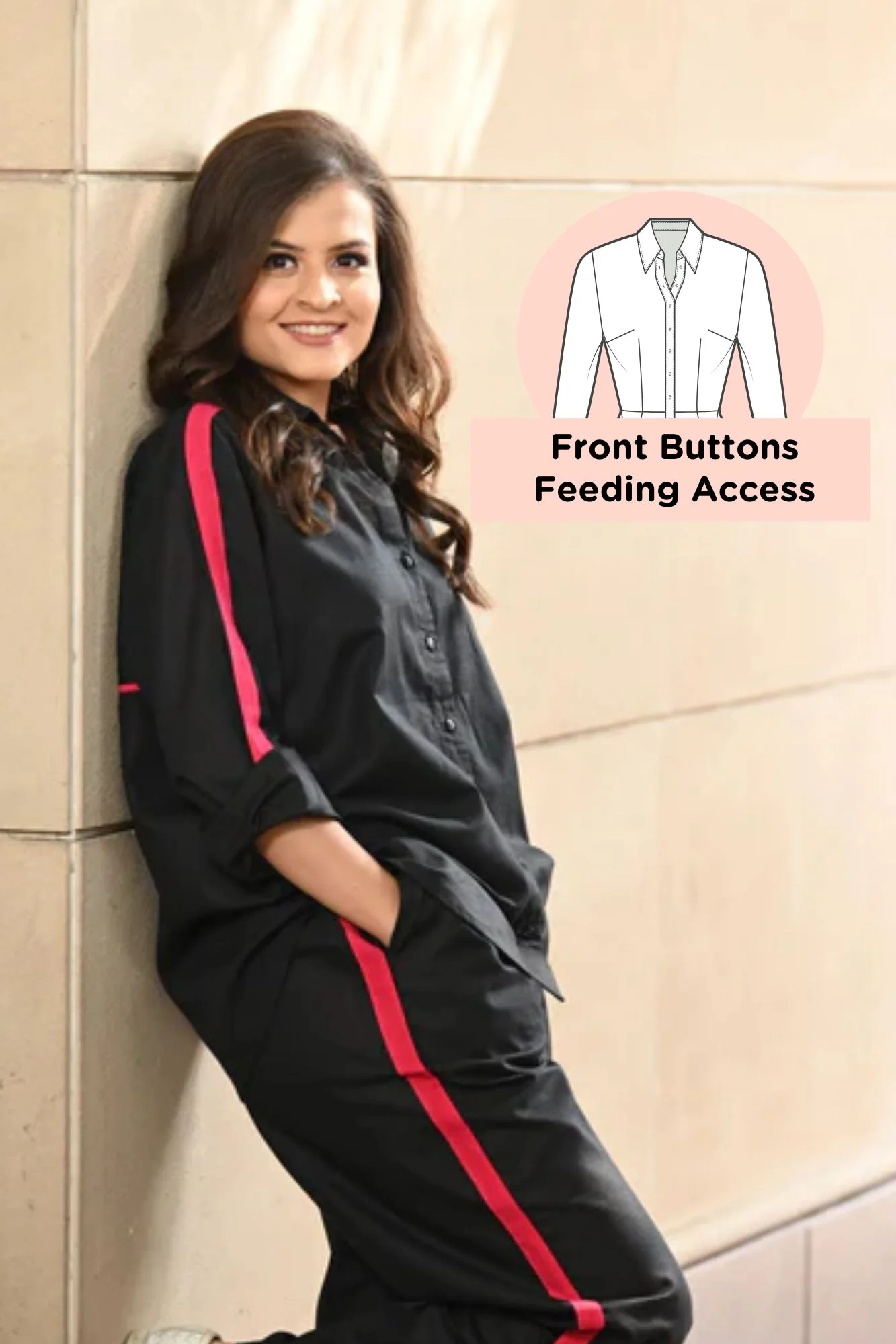 Black & Fuchsia Maternity & Nursing Coord Set (Cotton Linen) (2 pc) - Chenance