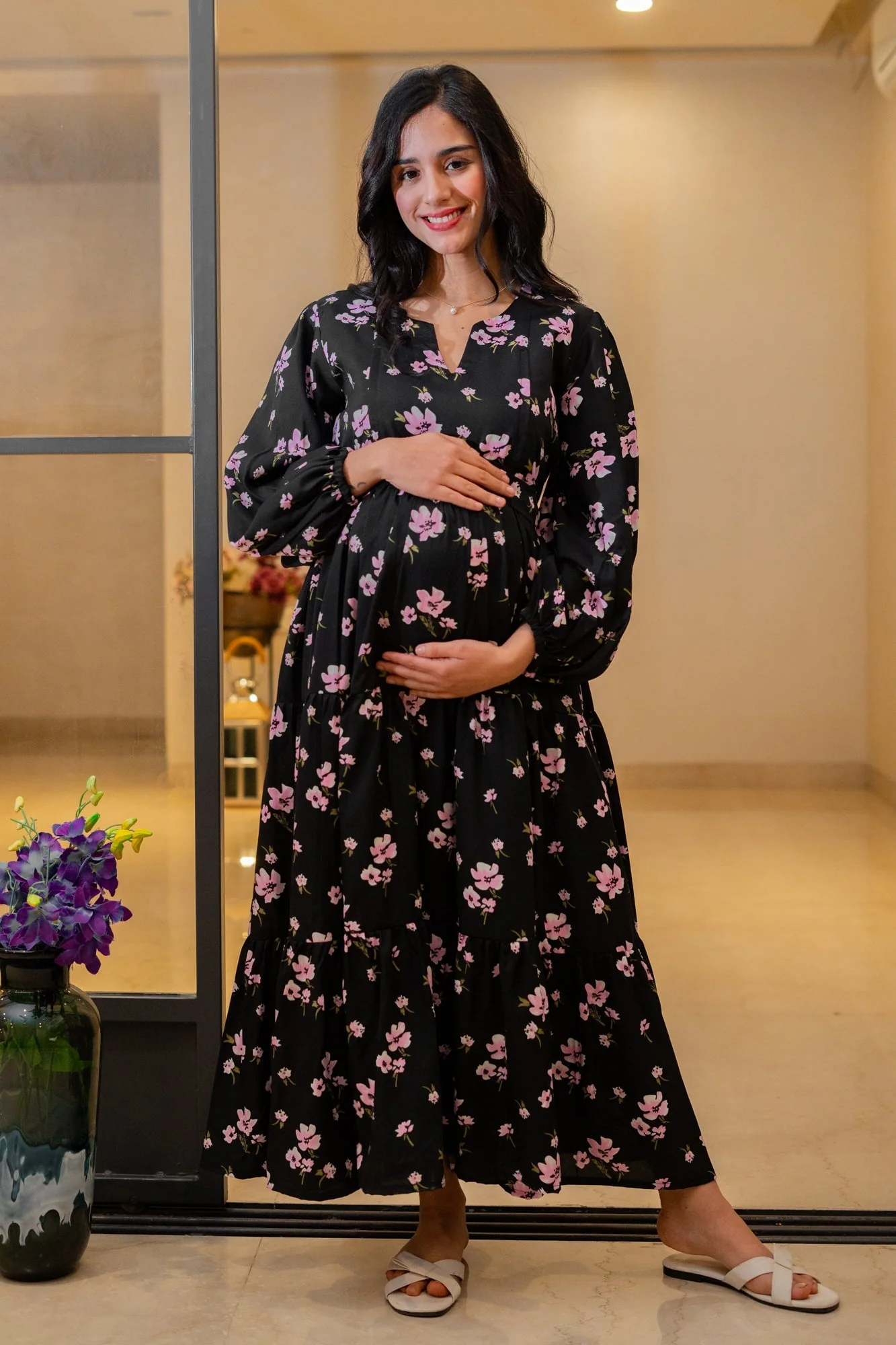 Eden Classic Black Bloom Maternity & Nursing Layered Dress - Chenance