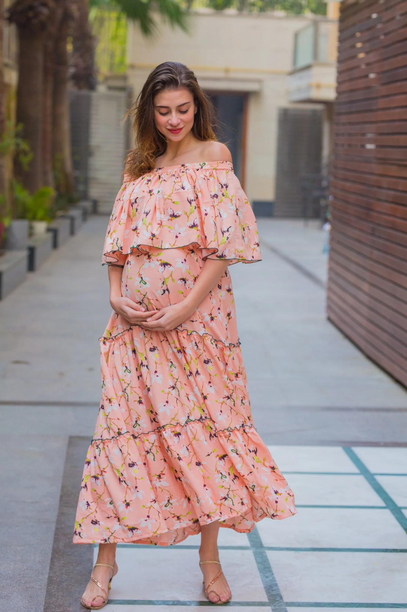 Botanical Peach Off-Shoulder Maternity Maxi Dress - Chenance
