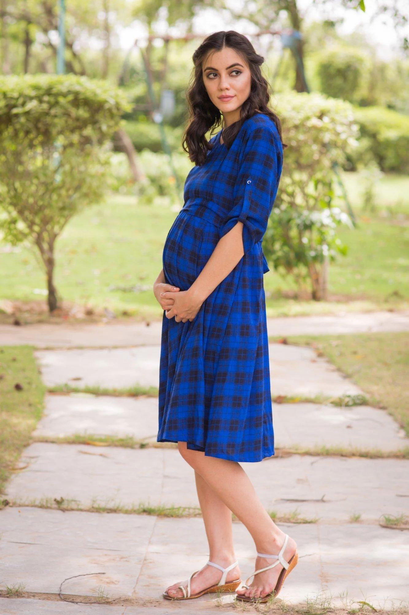 Persian Blue Plaid Maternity & Nursing Dress - Chenance