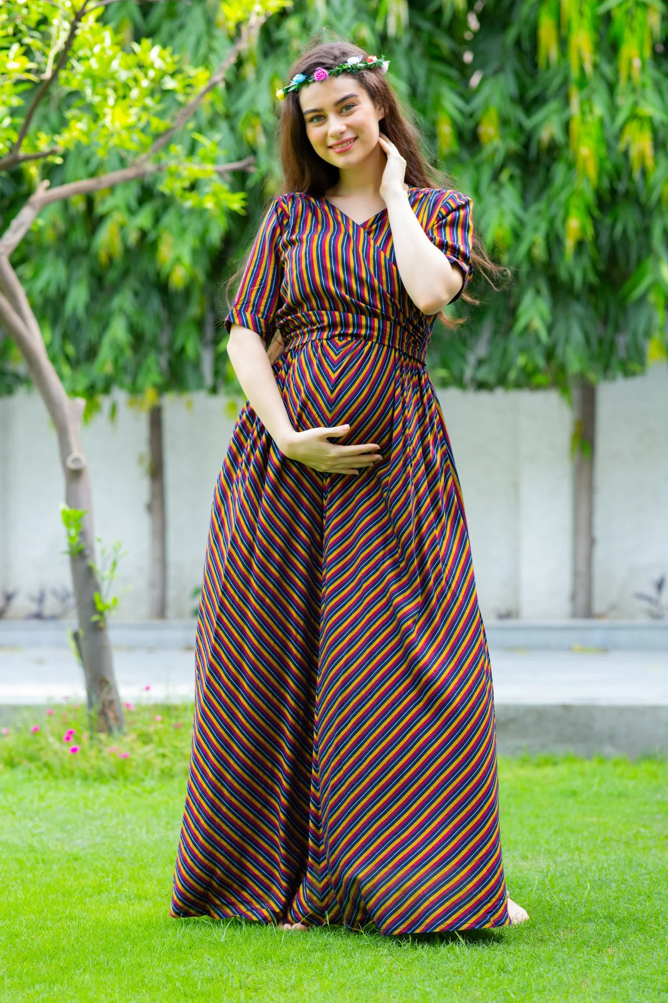 Chocolate Striped Maternity & Nursing Wrap Dress - Chenance